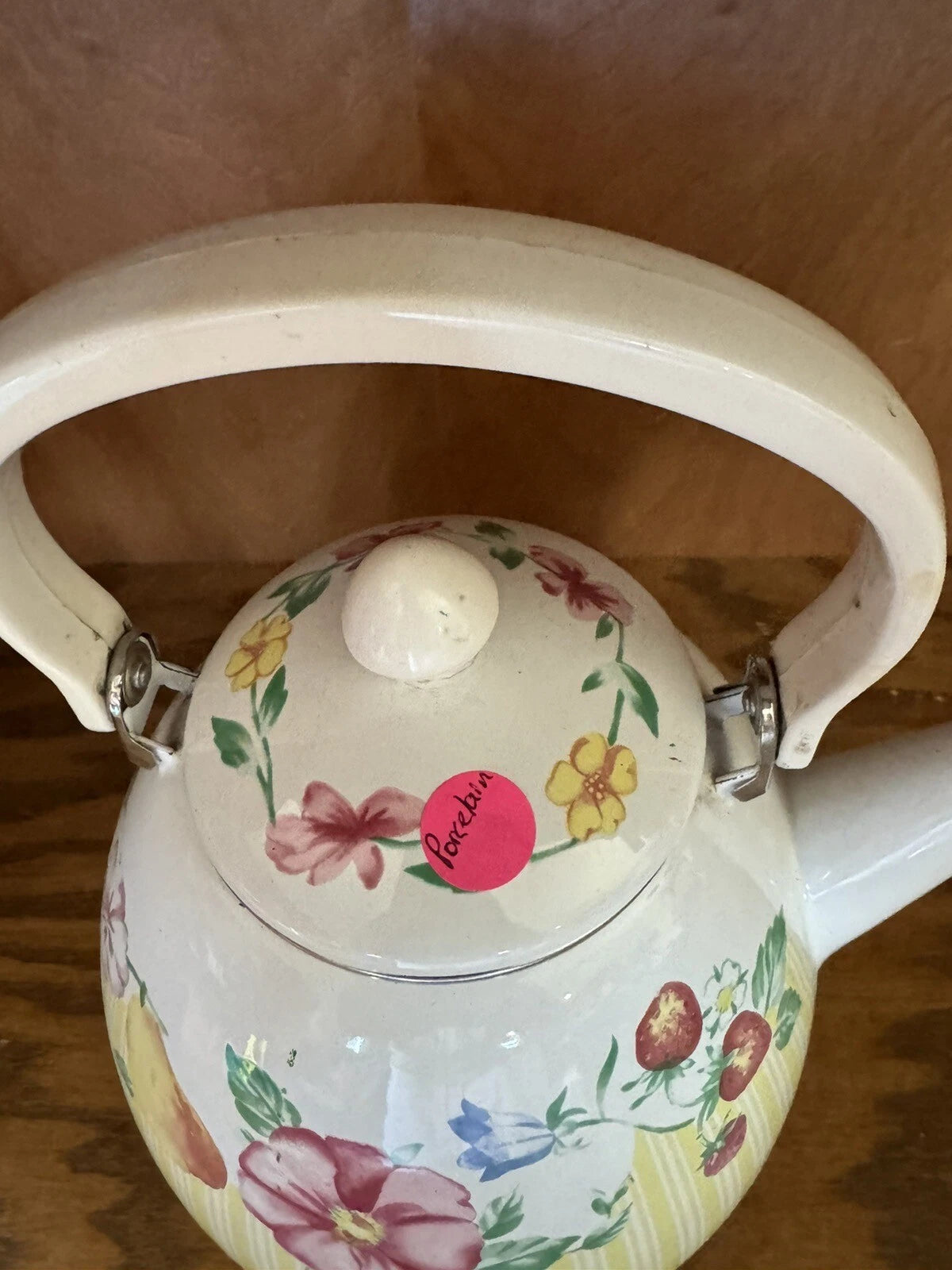 Vintage White Enamel Floral Tea Kettle Teapot Flowers
