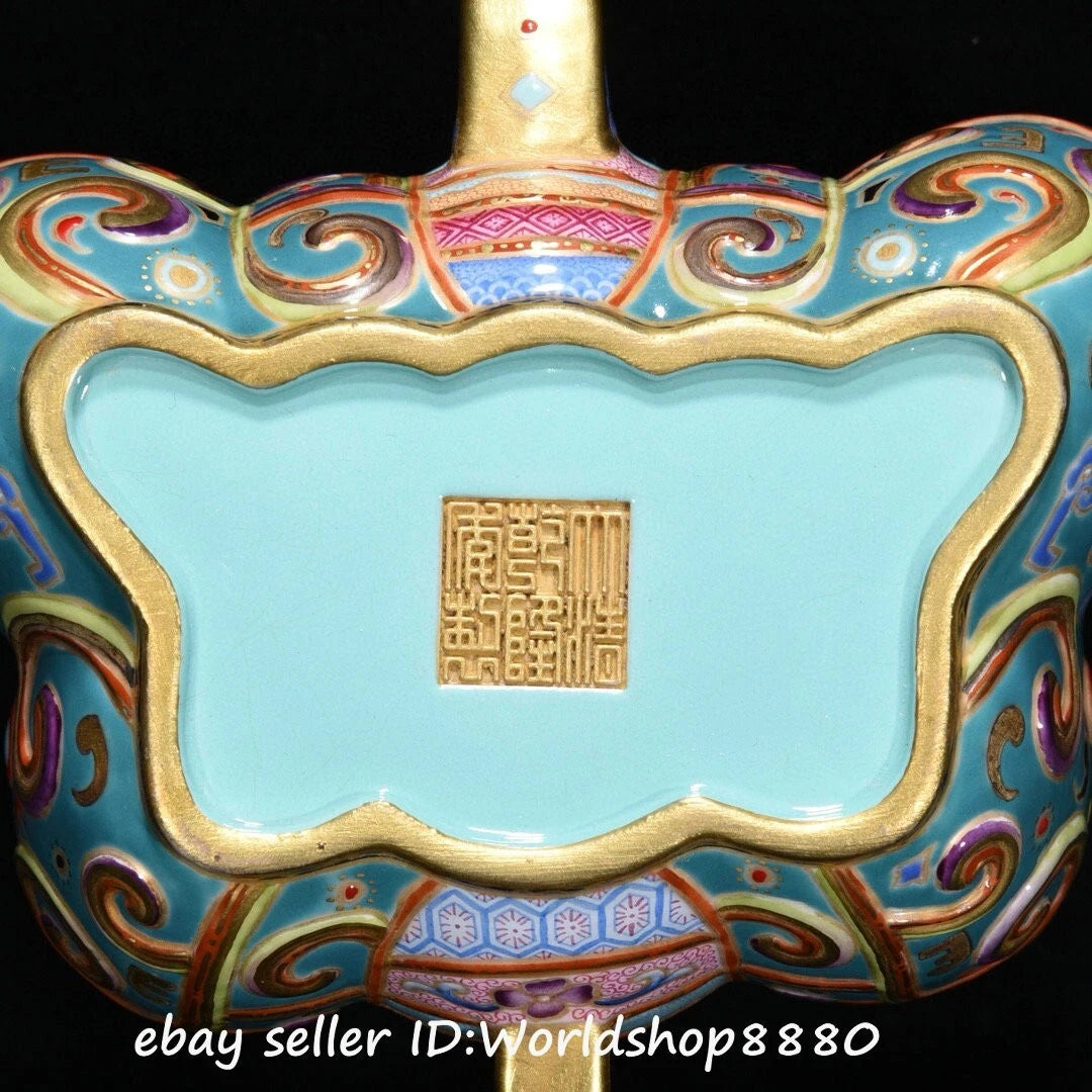 5.6" Qianlong Marked Enamel Porcelain Gilt Flower Butterfly Shaped Wine Tea Pot