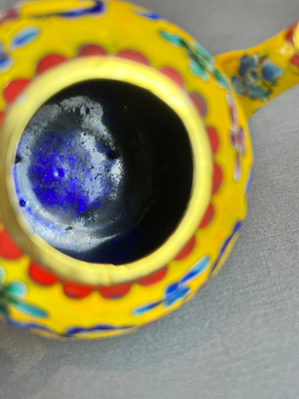Miniature Chinese Yellow Cloisonné Enamel on Brass Floral 3" Teapot w/ Lid