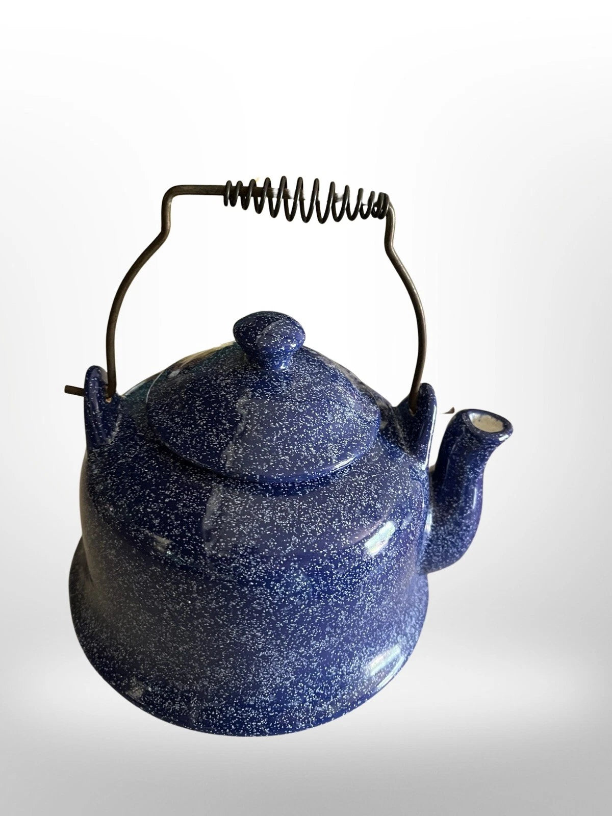 Vintage  Blue Spatterware Teapot Enamel Ceramic Metal Handle 5 1/2”x 6 1/4 Dia.