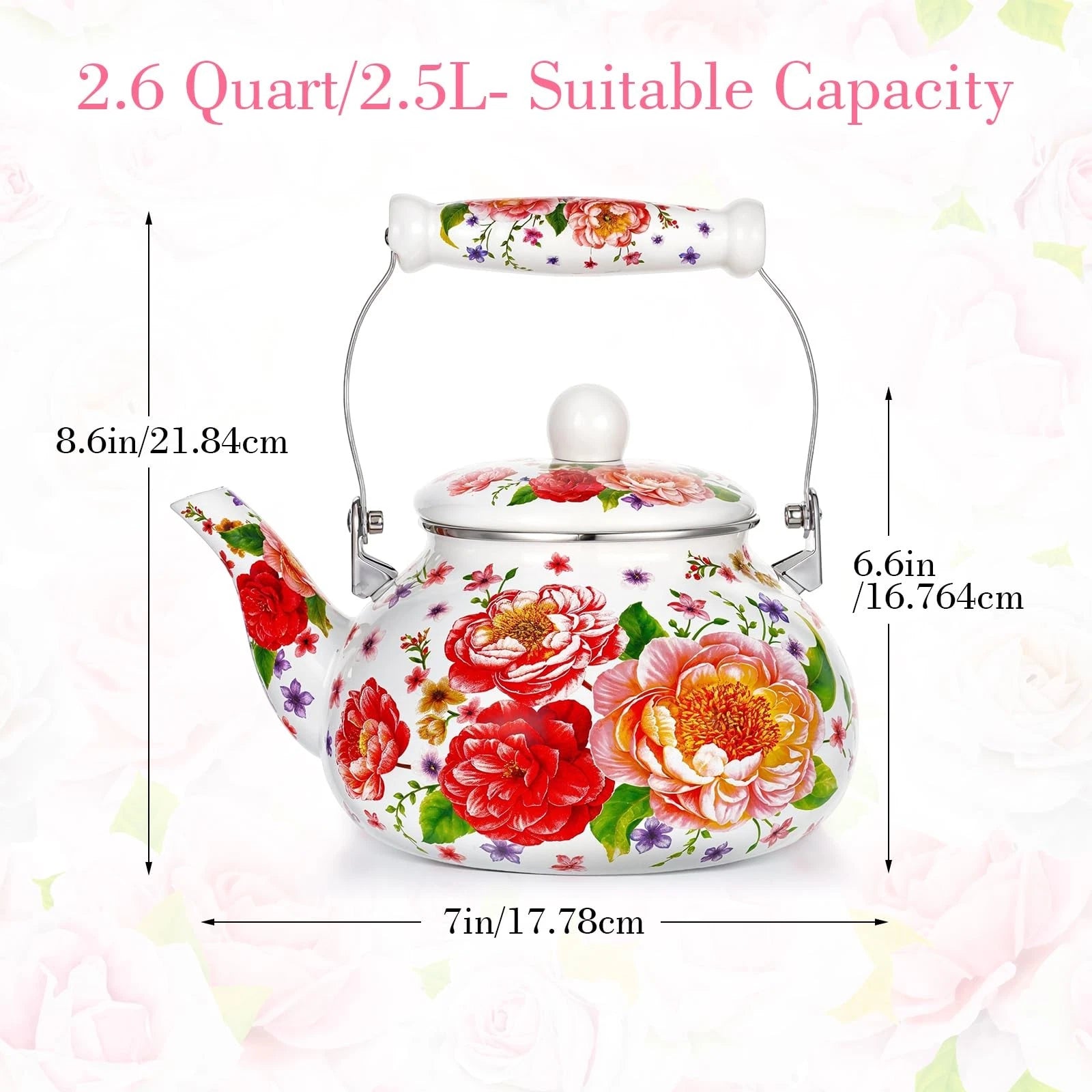 2.6 Quart Floral Enamel Tea Kettle, Vintage Enameled Teapot Stovetop, Enamel ...