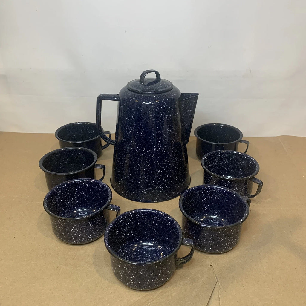Vintage Enamelware Coffee Tea Pot Kettle & 7 Cups Blue & White Speckled