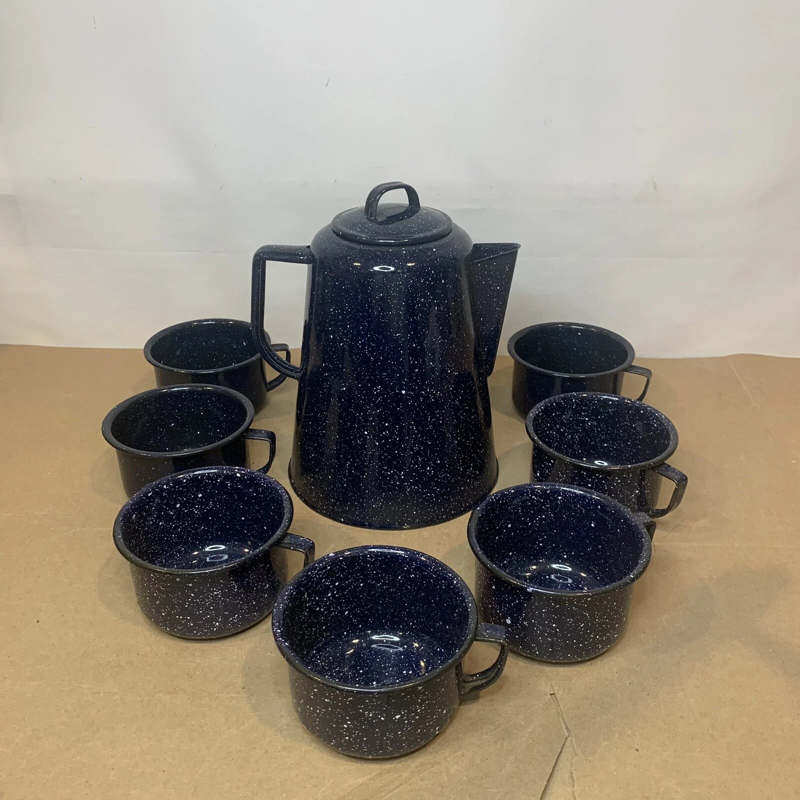 Vintage Enamelware Coffee Tea Pot Kettle & 7 Cups Blue & White Speckled