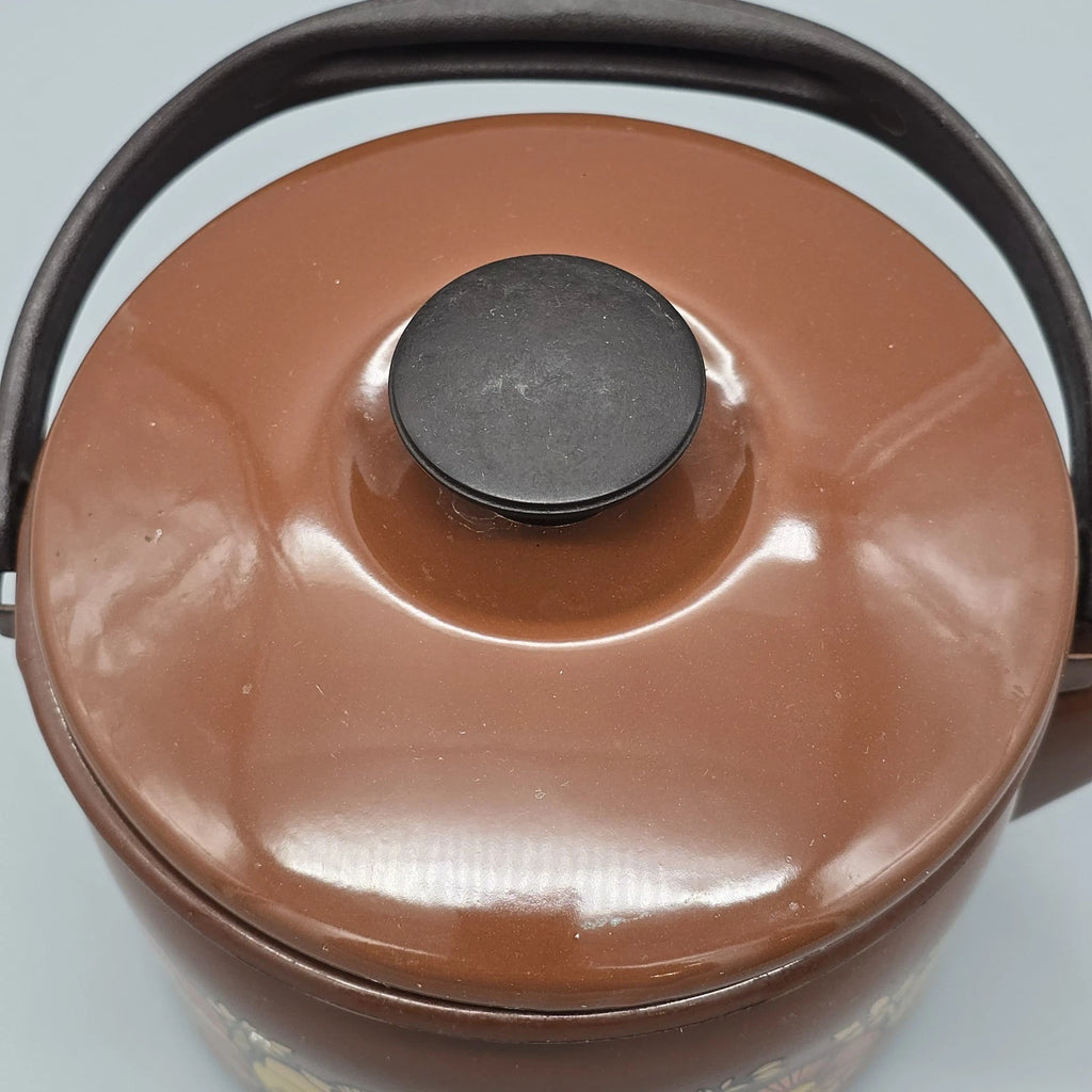 Vintage 70's Mushroom & Fruit Enamelware Brown Tea Kettle With Lid & Handle