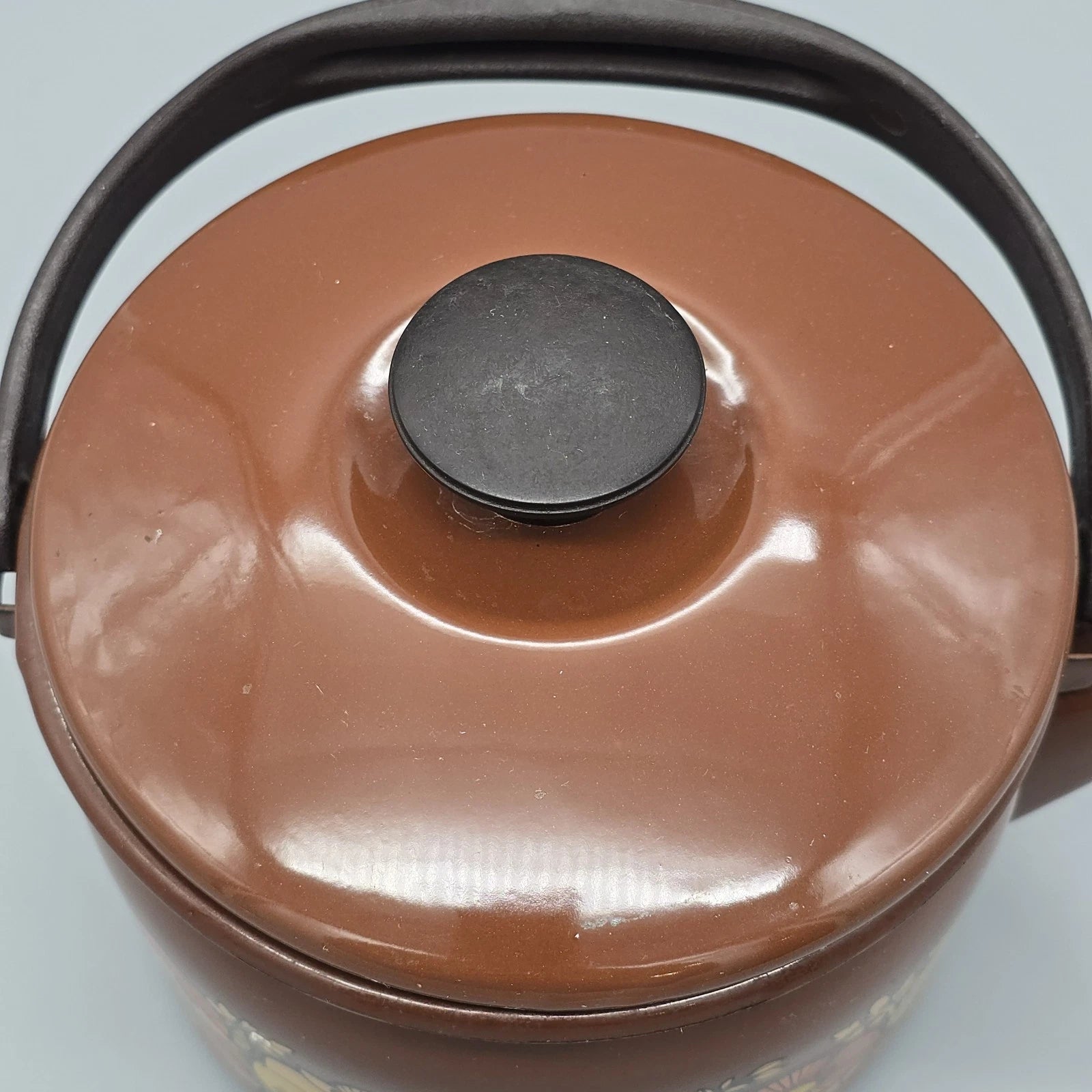 Vintage 70's Mushroom & Fruit Enamelware Brown Tea Kettle With Lid & Handle