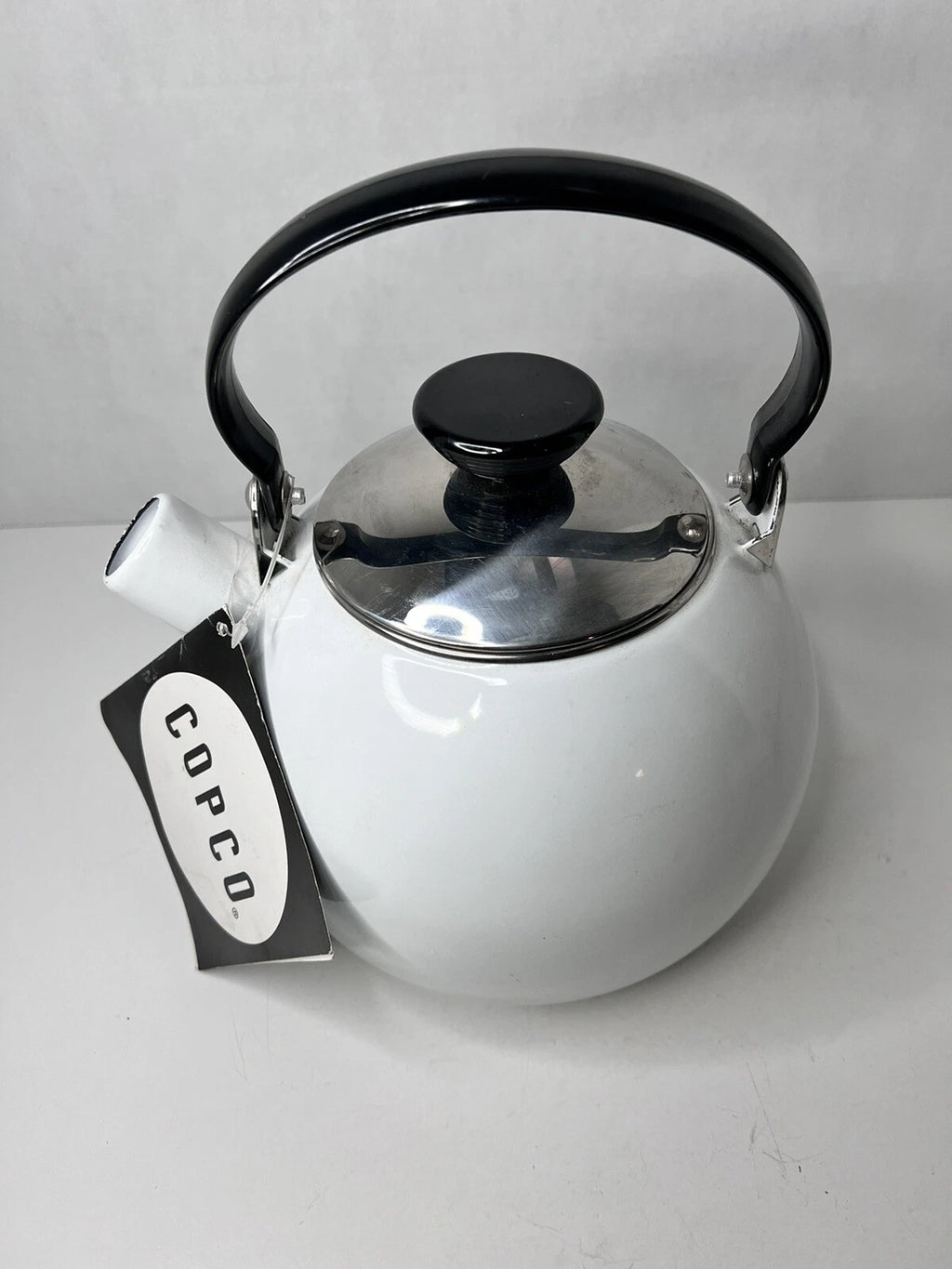 NOS Copco Whistling Teapot Tea Kettle White Enamel With Black Handle Tea Pot