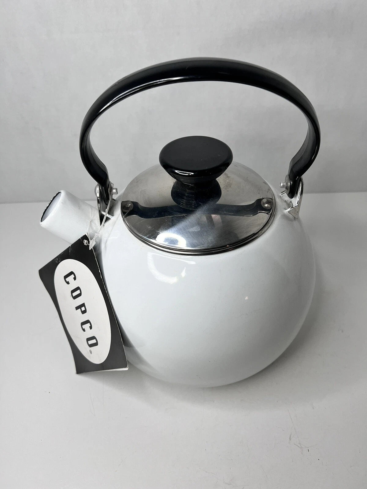 NOS Copco Whistling Teapot Tea Kettle White Enamel With Black Handle Tea Pot