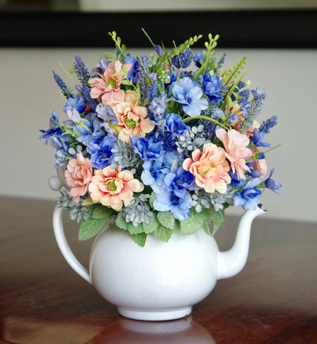 Vintage White Enamel Teapot With Peach Daisies With Blue Delphinium, Wildflowers