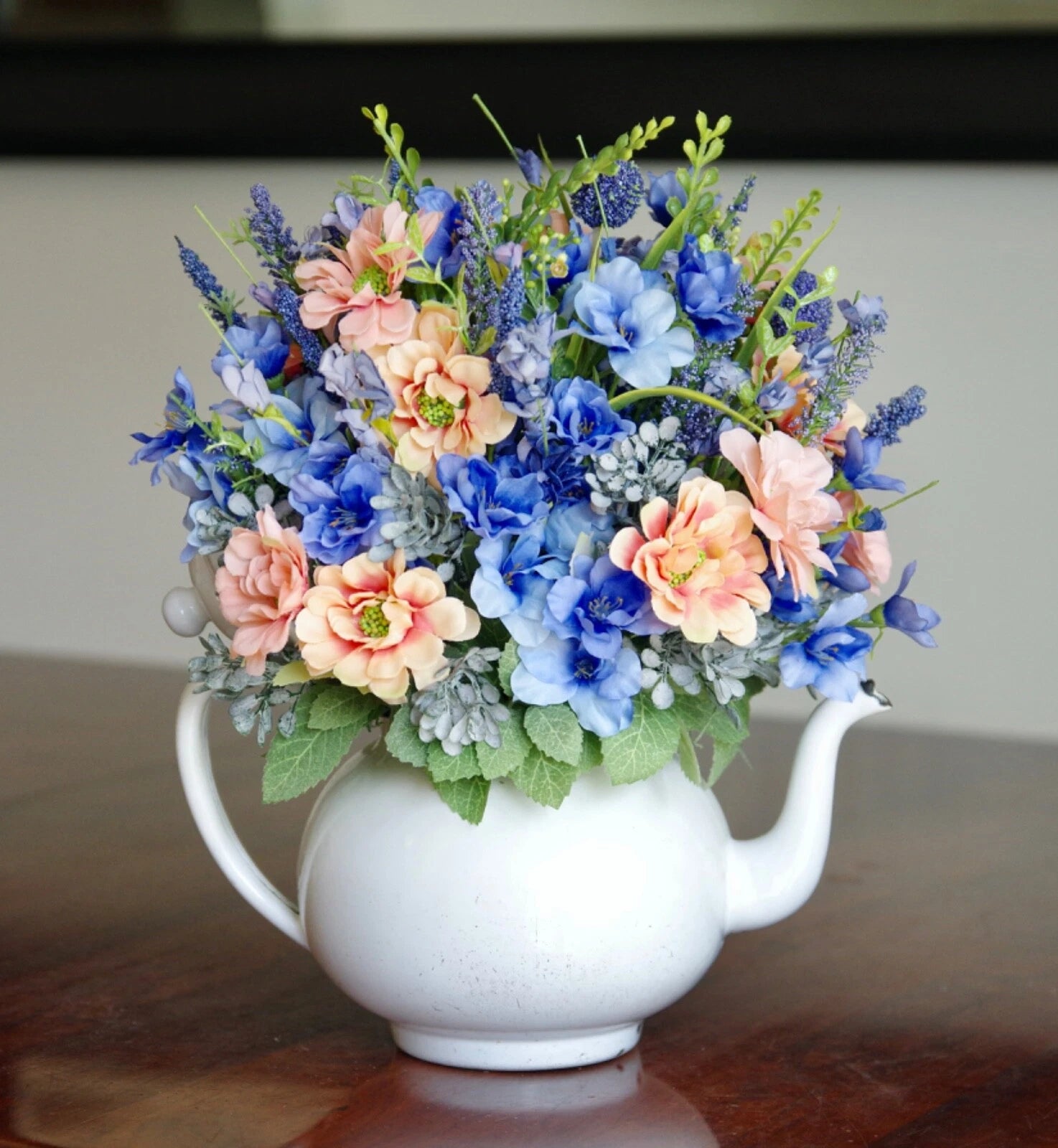 Vintage White Enamel Teapot With Peach Daisies With Blue Delphinium, Wildflowers