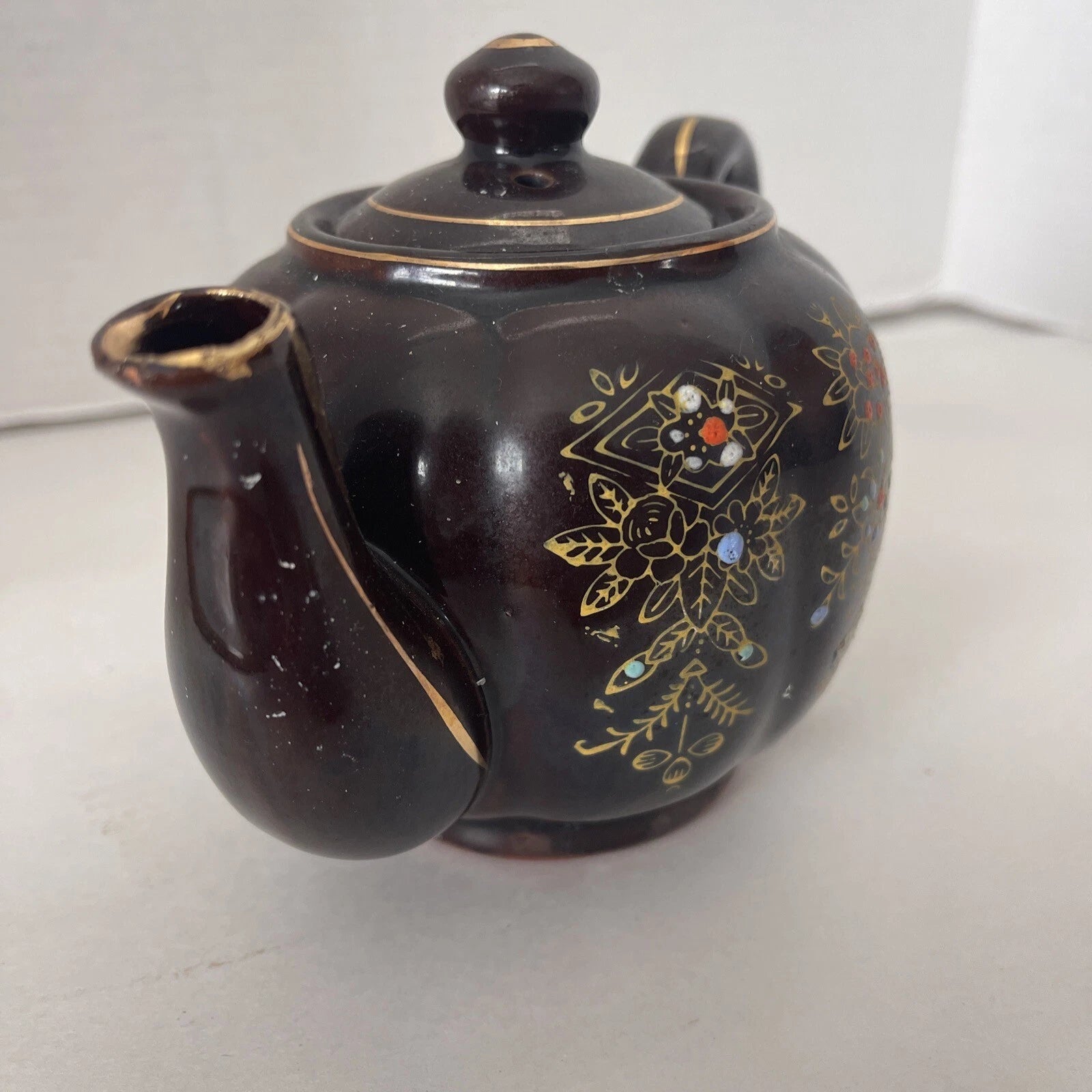 Brown Betty Redware Teapot Moriage Enamel Hand-Painted Mini Japan Vintage 4.5”