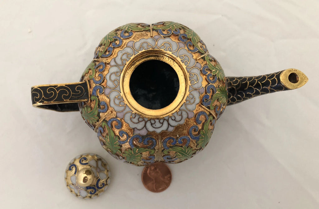 Vintage Cloisonne Enamel and Bronze 2 Teapot Set