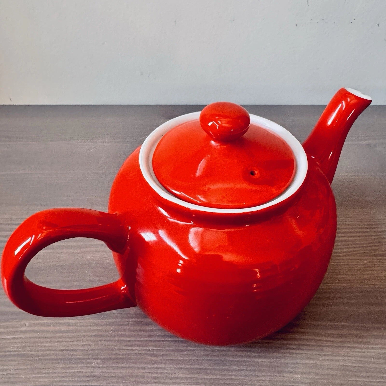 Vintage Mid Century Modern Red Glazed Pottery 3-Cup Tea Pot Enameled Interior 9”