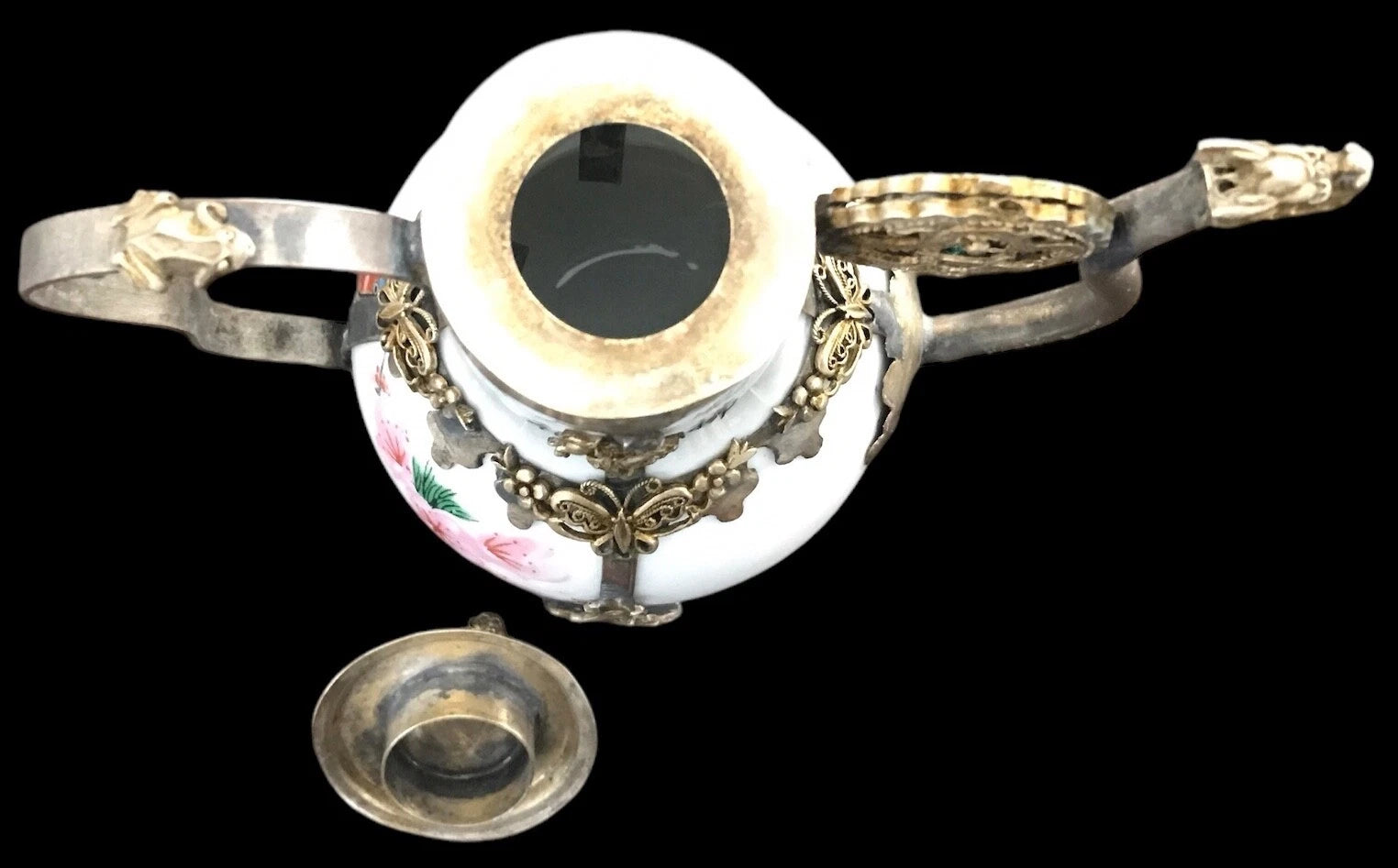VTG Signed Miniature Chinese Porcelain~Cloisonné Enamel Tea Pot~Mix Metal~Dragon