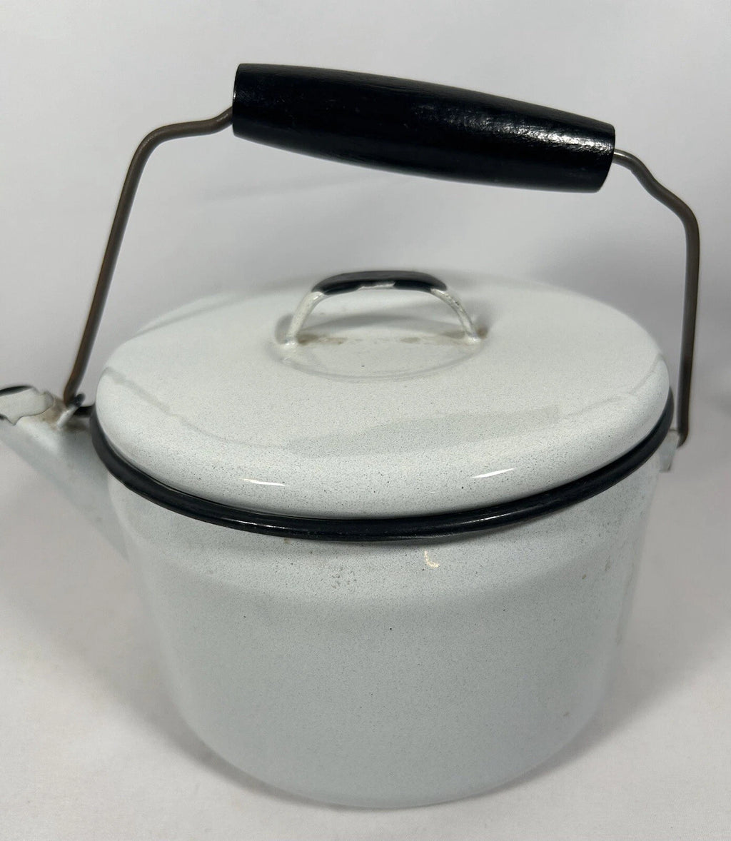 Vintage Enamelware Lidded TeaPot White w/ Black Trim, Wood Handle Farmhouse