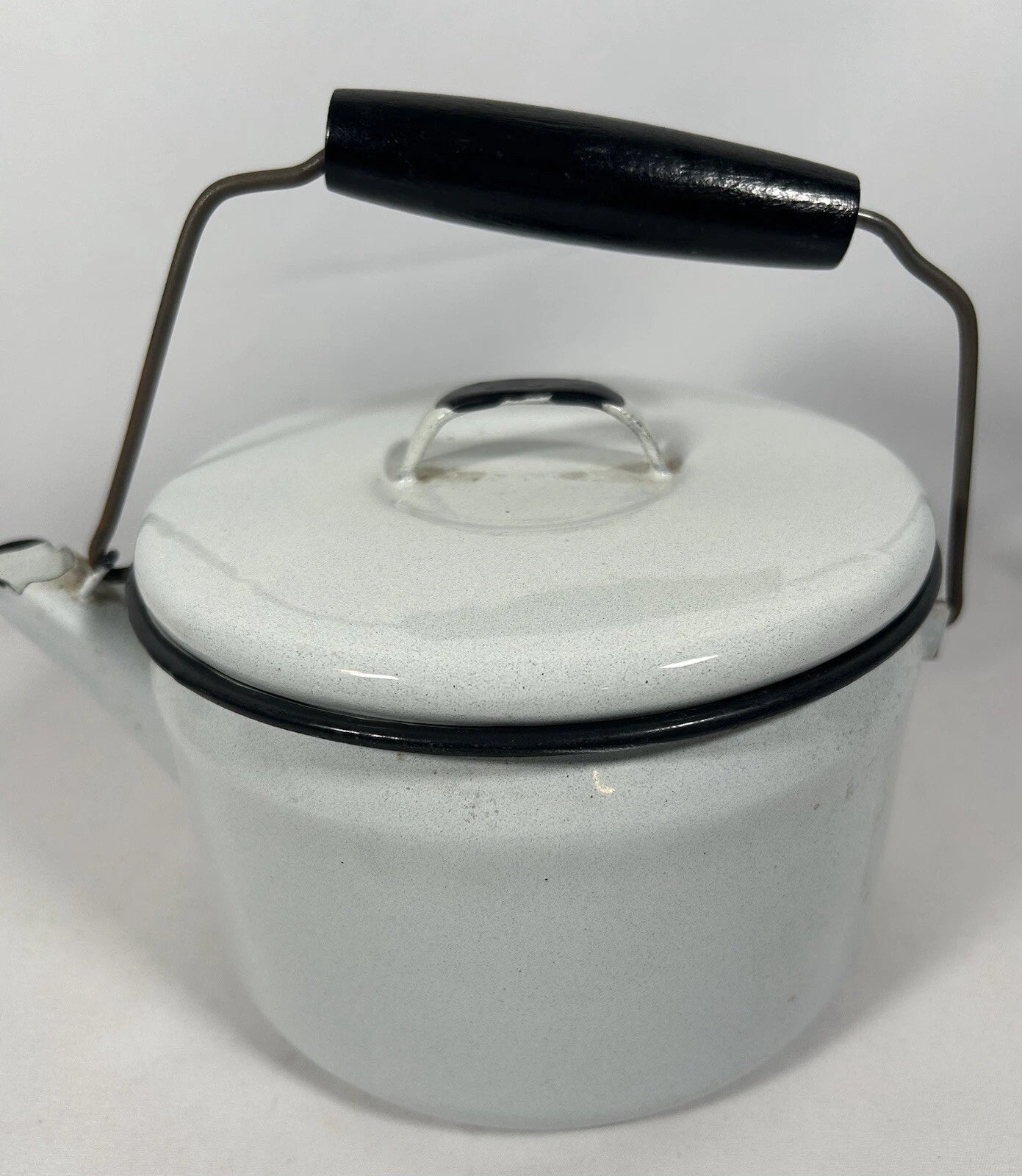 Vintage Enamelware Lidded TeaPot White w/ Black Trim, Wood Handle Farmhouse