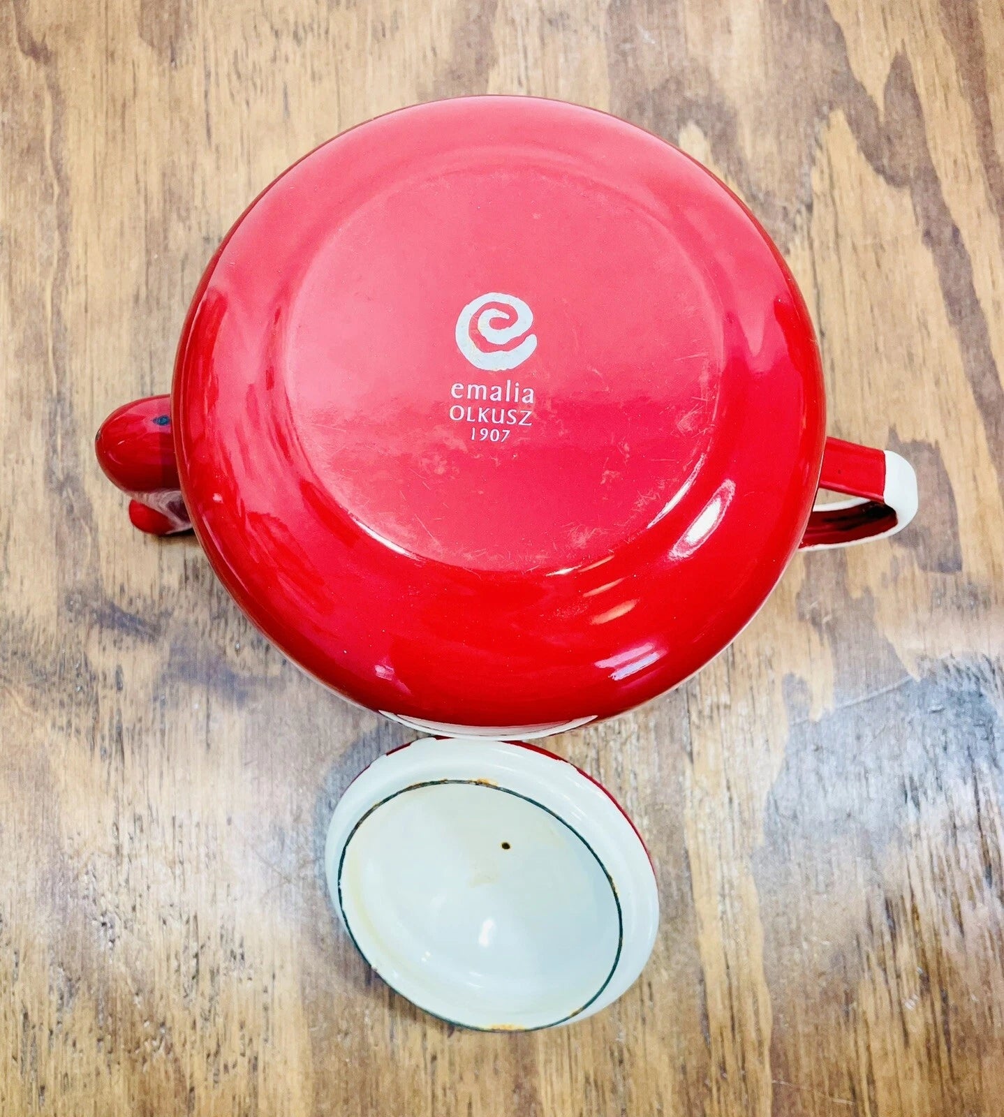 Red Enamelware Tea Kettle 1907 by Emalia Olkusz 5 cup Stovetop Tea Pot Poland