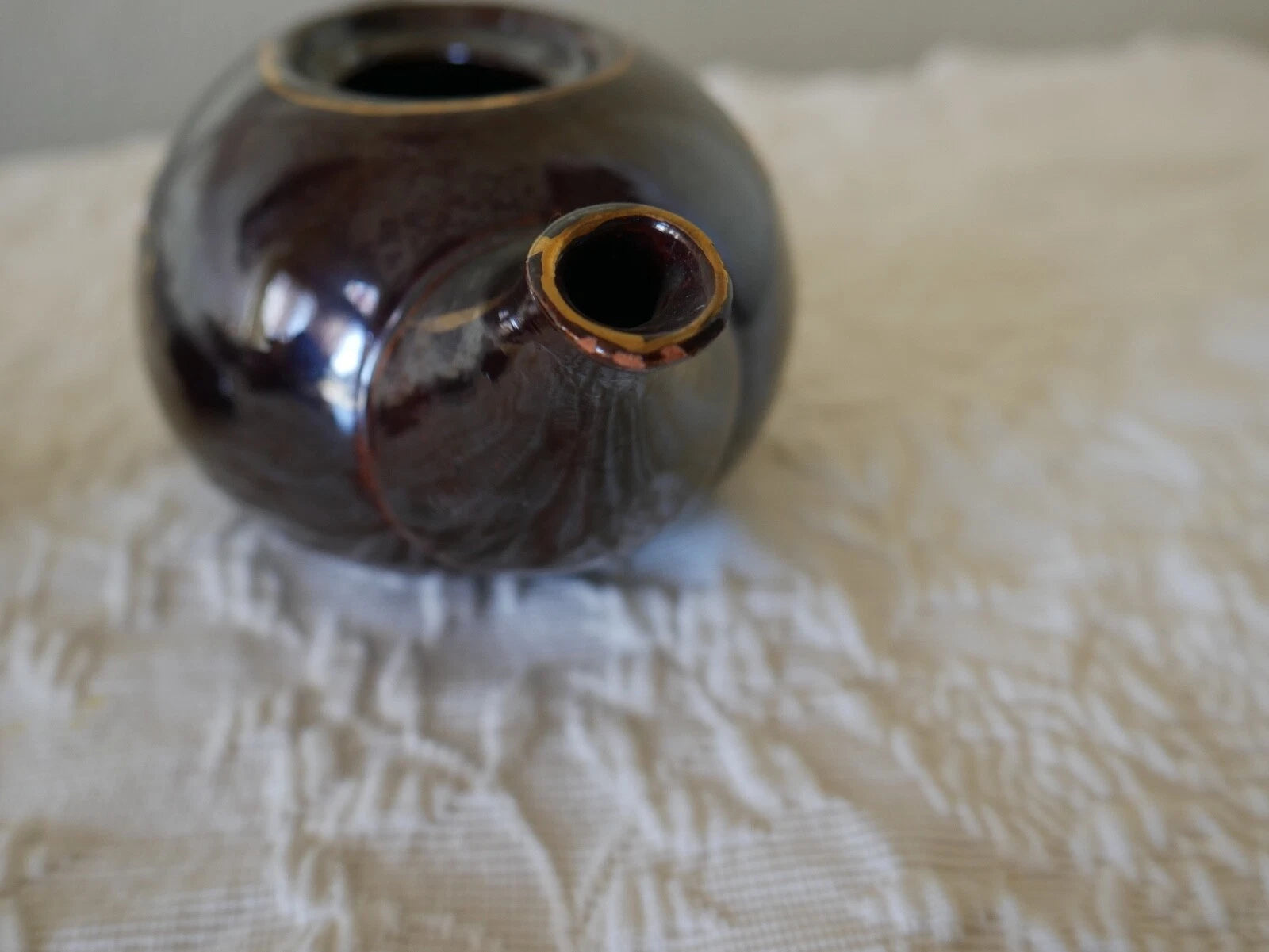 Small Long Redware Teapot Gold Trim Hand Painted Enamel Flowers Vintage Japan