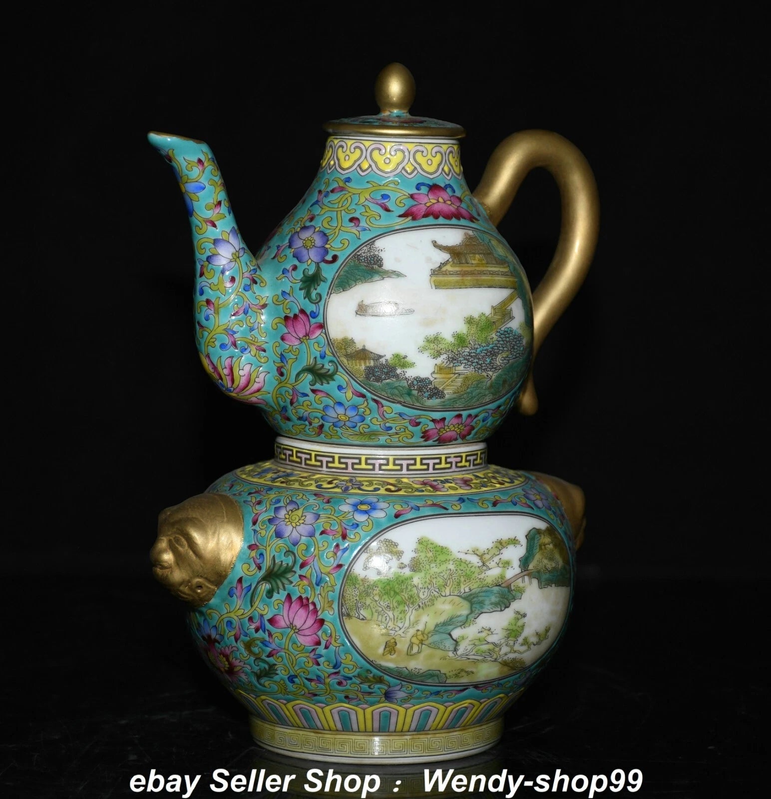 8.6" Qianlong Enamel Color Porcelain Gilt landscape Gourd Wine Pot Teapot