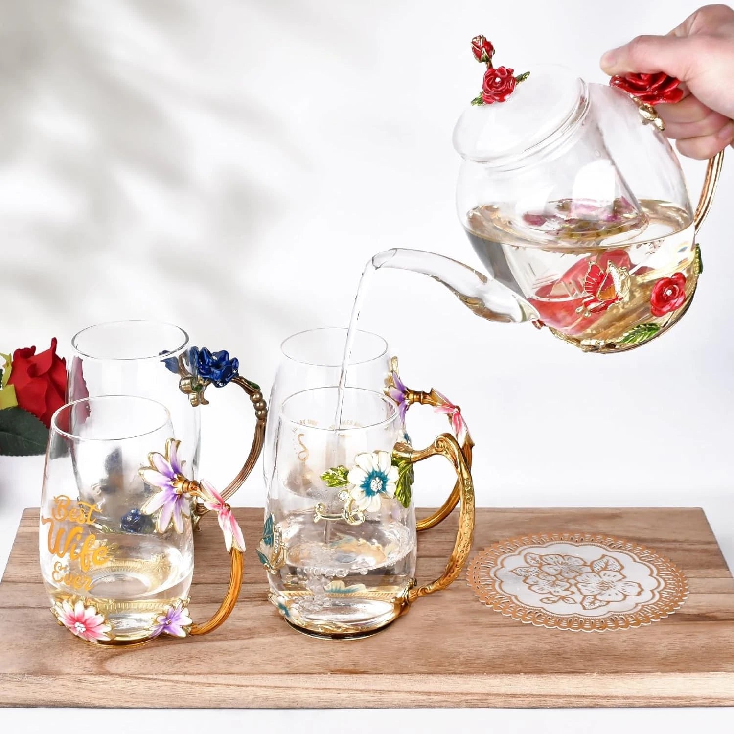 Enamel Glass Flower Tea Pot With Removable Loose Leaf Infuser Tea-Pot