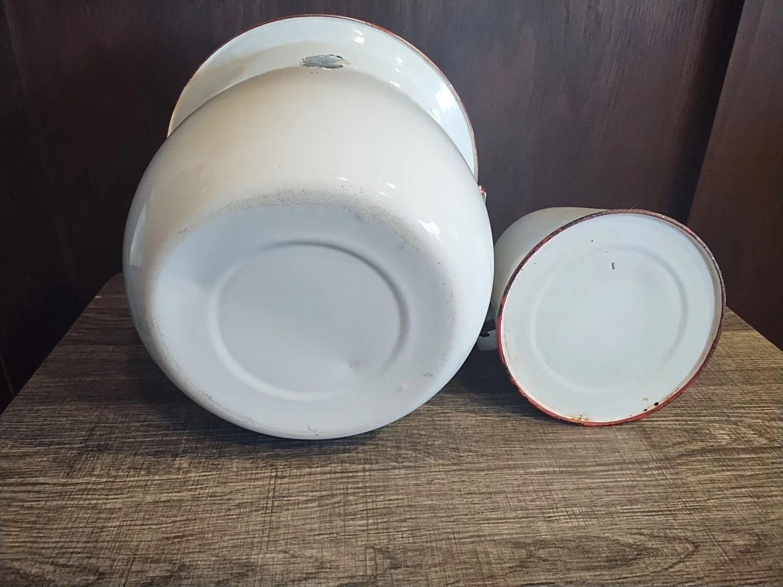 Vintage  Enamelware White w/ Red Trim Large   Pot Handle And Coffee Tea Pot