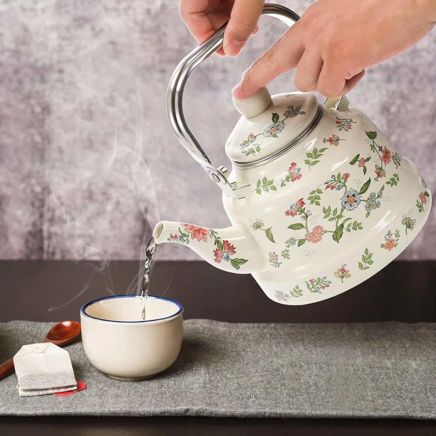 Elegant 1.8L Enamel Teapot - Retro Green Floral Design for Home and Camping