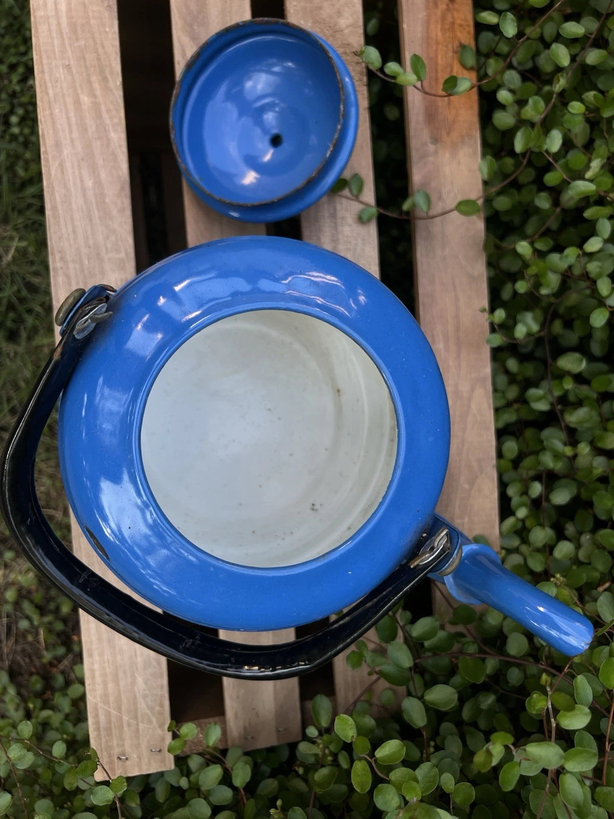 VTG Blue Enamelware Teapot Kettle Farmhouse Rustic Kitchen Decor Primitive