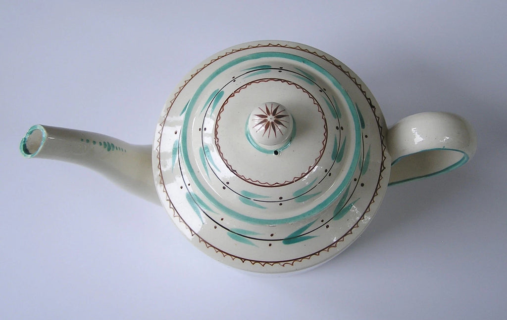 Rare Antique Staffordshire Creamware Teapot with Teal & Brown Enamel Decoration