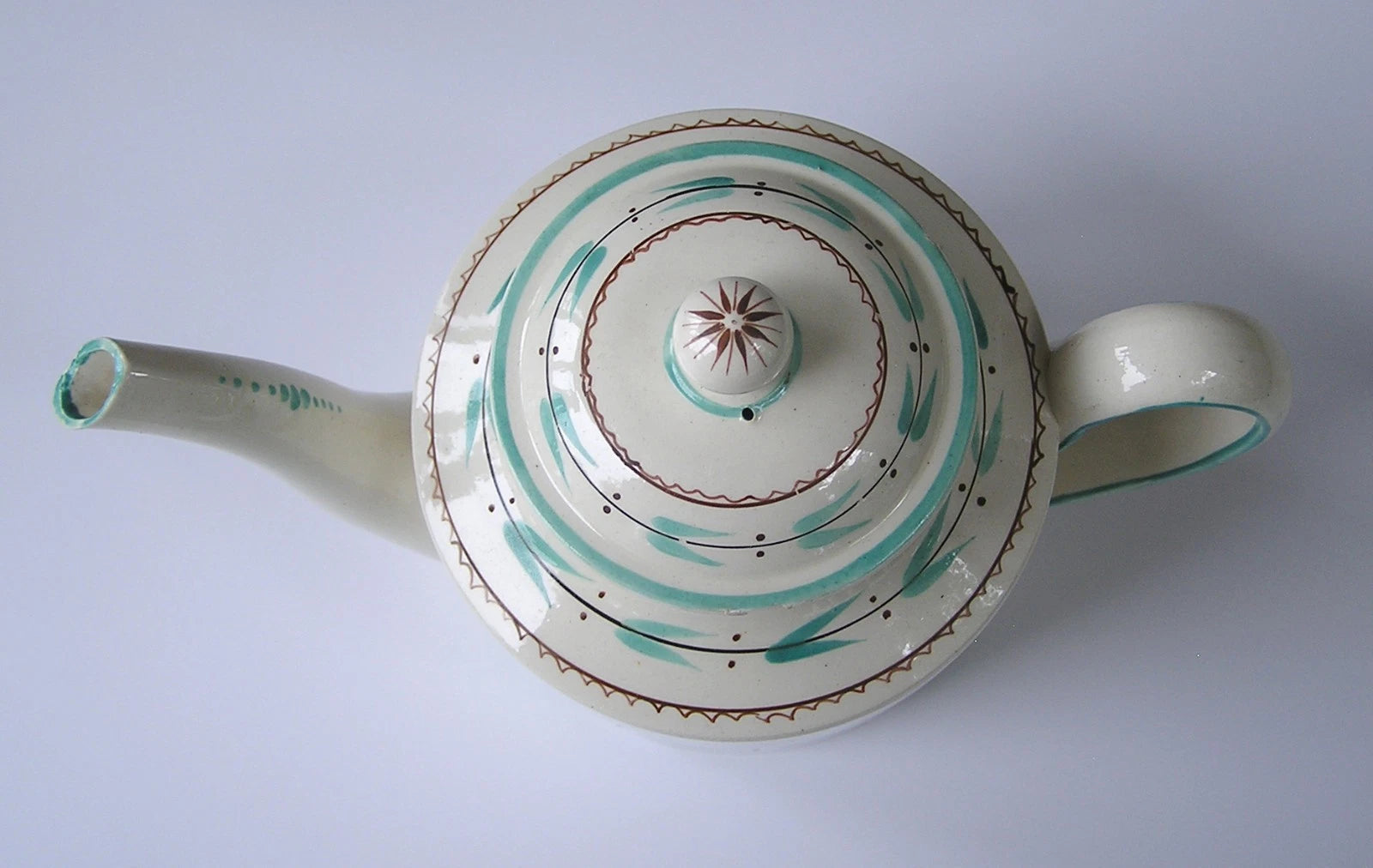 Rare Antique Staffordshire Creamware Teapot with Teal & Brown Enamel Decoration