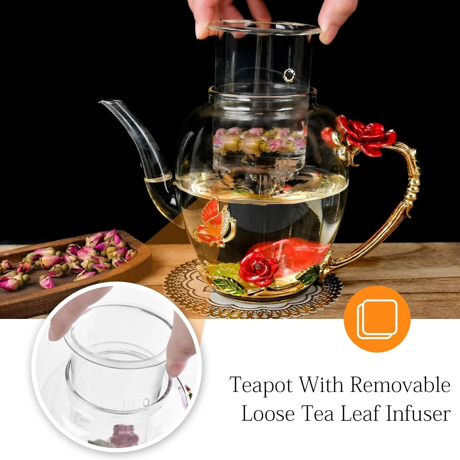 Enamel Glass Flower Tea Pot With Removable Loose Leaf Infuser Tea-Pot