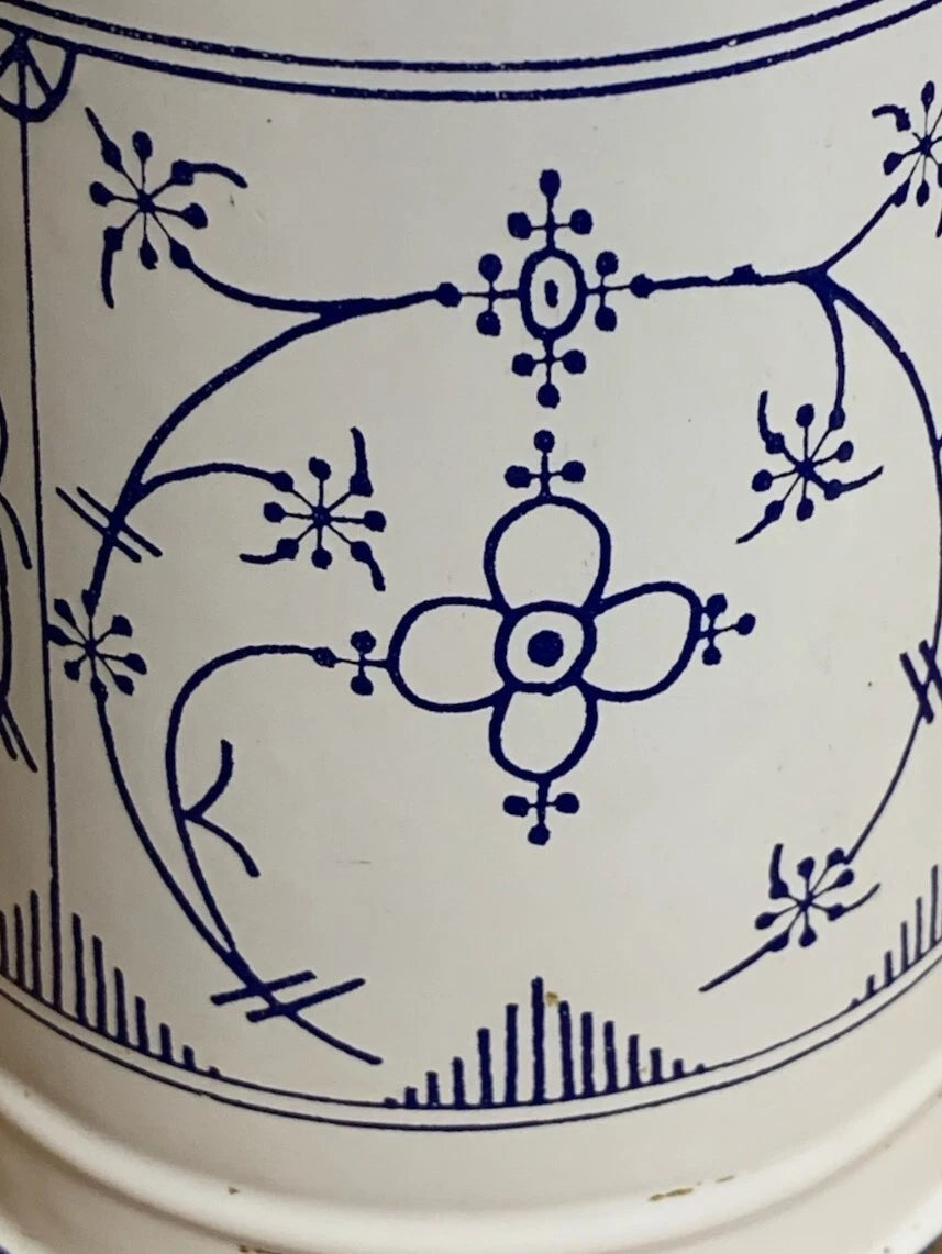 UK ANTIQUE Enamel Saxony Teapot Blue White Design Vintage Kitchenware