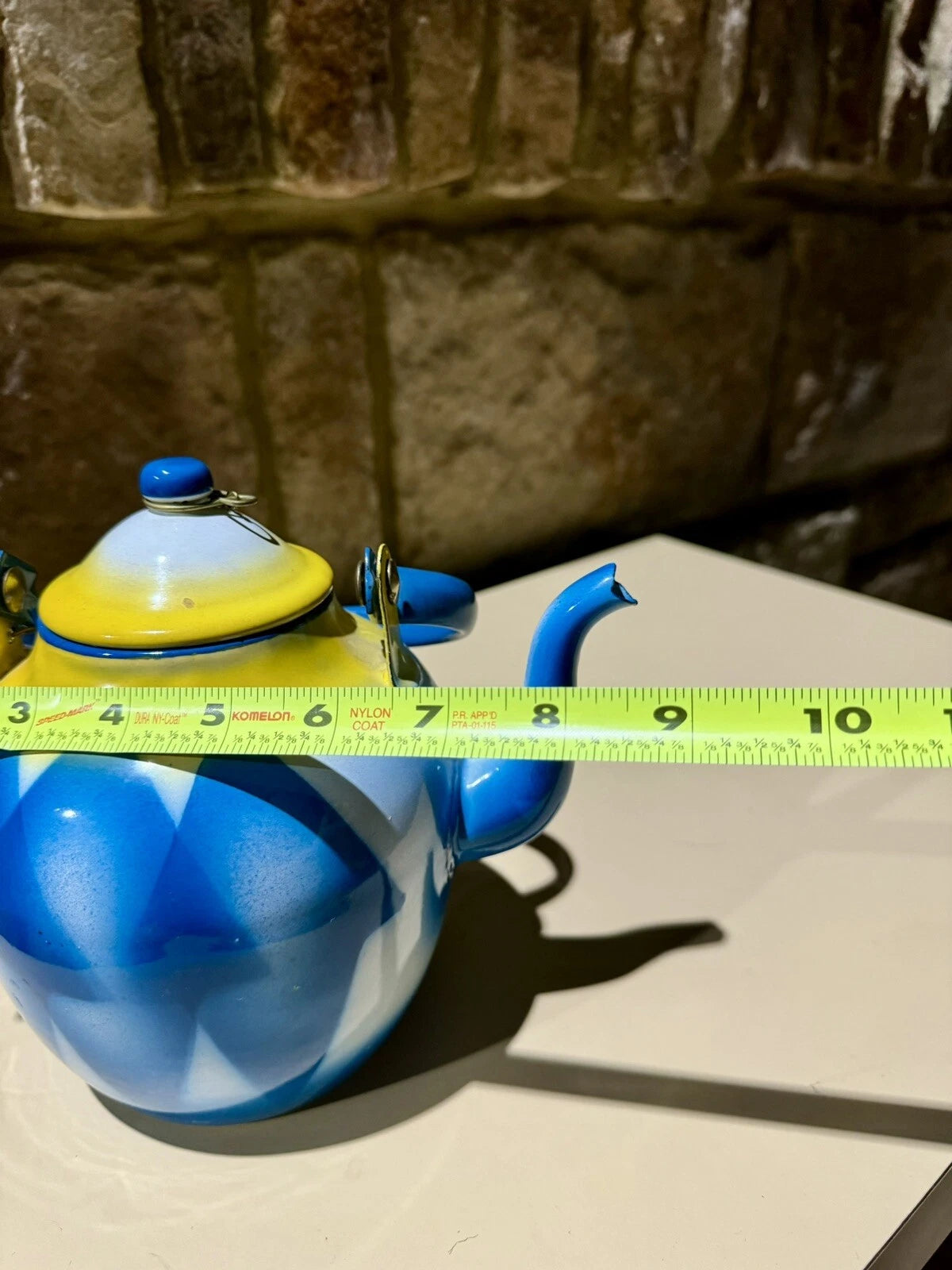 Vintage Antique Enamelware Enamel Yugoslavian Blue Yellow Geometric Teapot