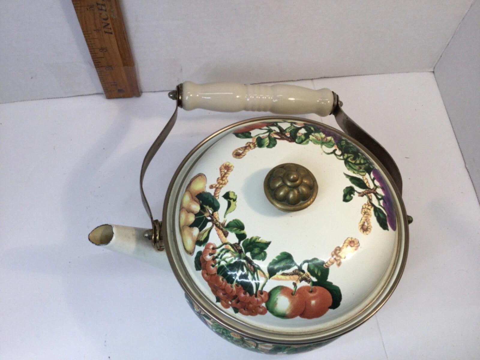 Tabletops Unlimited Enamel Vine Fruit Design Teapot Kettle Made in Thailand