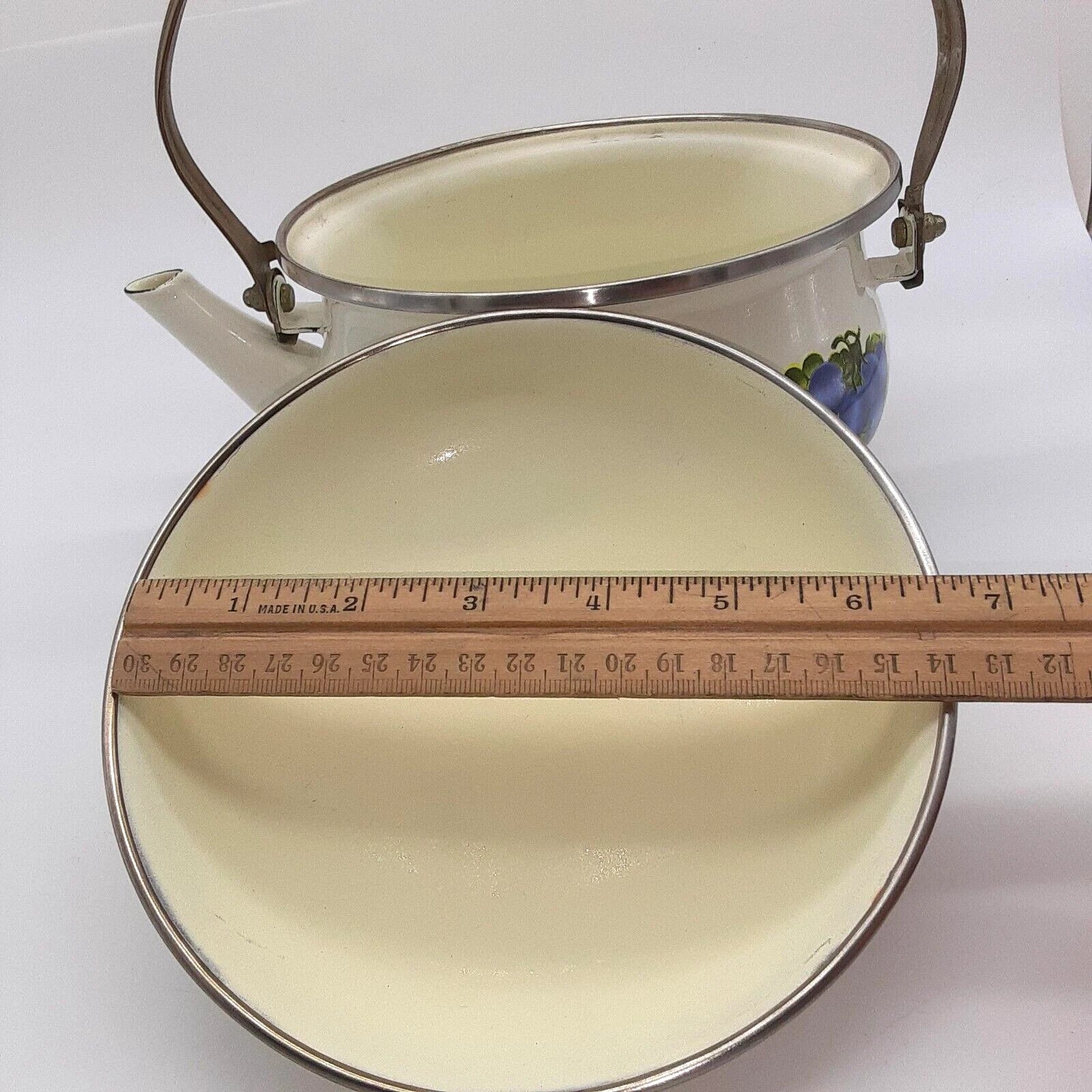 Vintage Water Kettle Tea Pot Enamel Fruit Cottagecore Chic Country Farm House