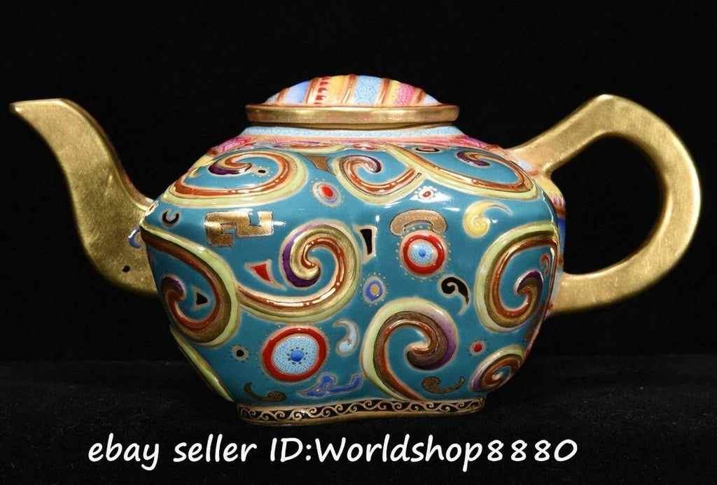 5.6" Qianlong Marked Enamel Porcelain Gilt Flower Butterfly Shaped Wine Tea Pot