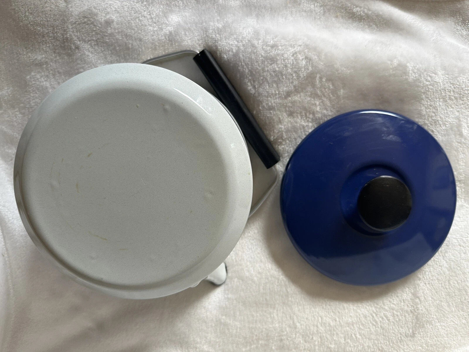 Vintage Enamel Tea Kettle White With Blue Scene