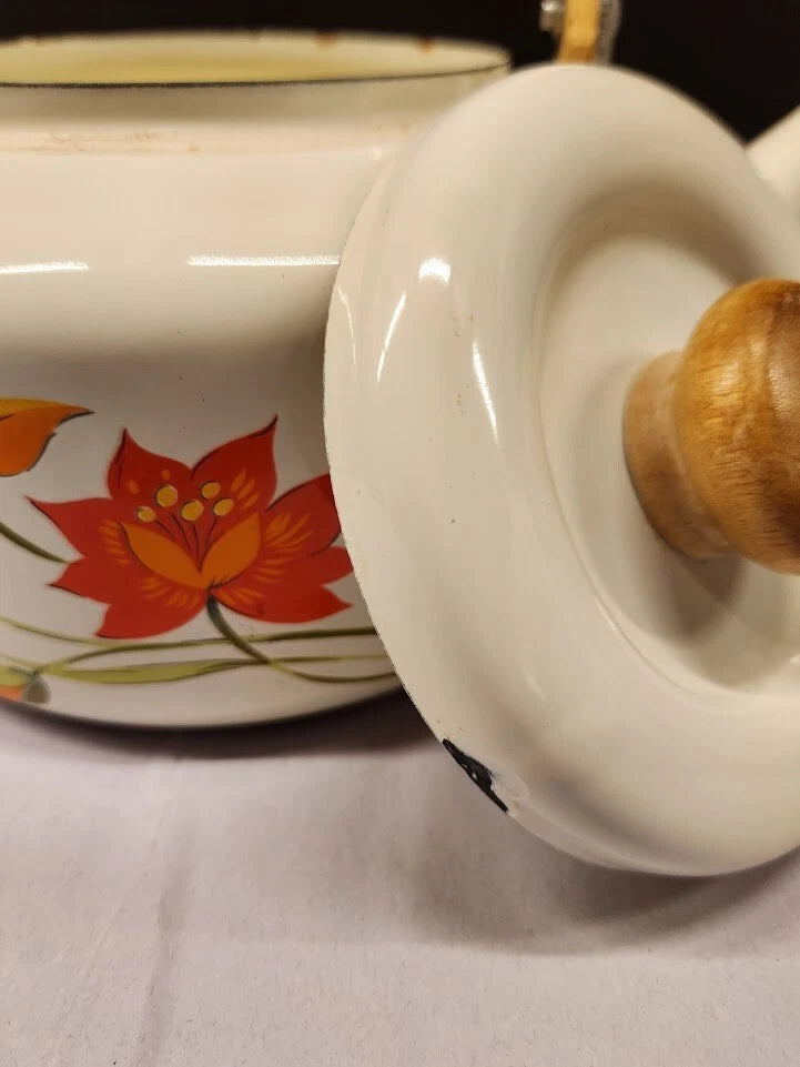 Vintage Saltera Himark Enamel RARE Teapot MCM  Red Orange Floral Wooden Handle