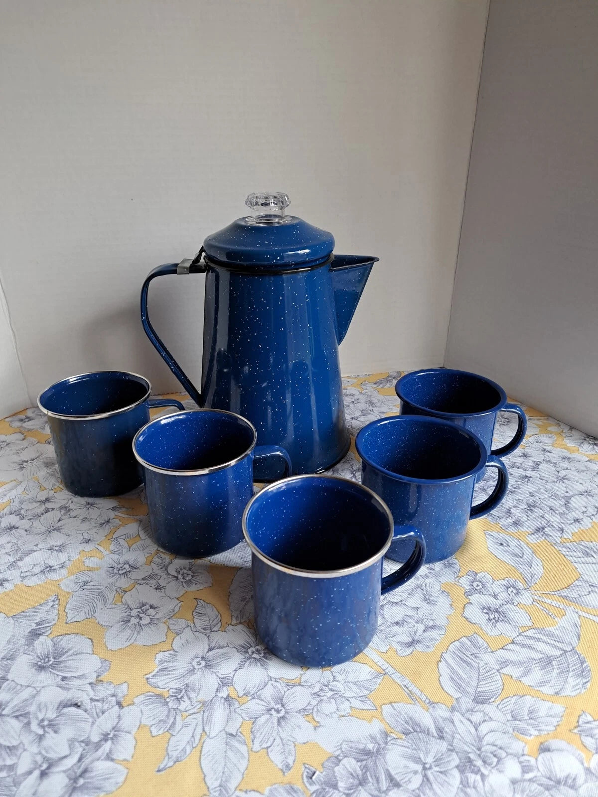 Enamelware Coffee Tea Pot Kettle With Lid and 5 Cups-Blue And White Speckled  S