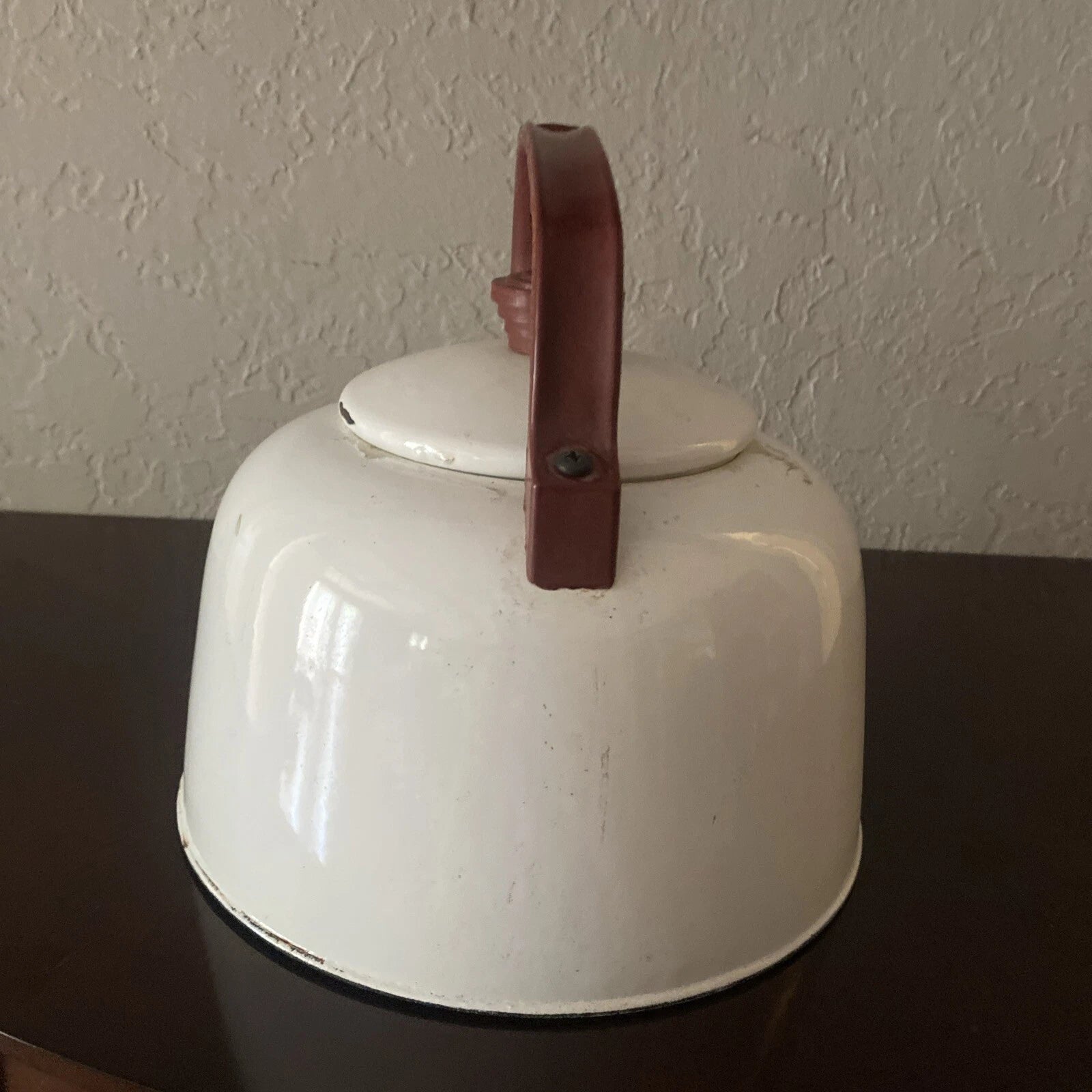 Vintage White Enamelware Tea Kettle Teapot with Red Trim, Brown Wooden Handle