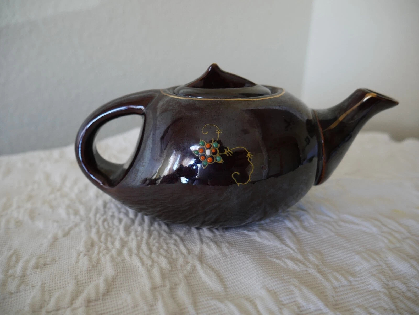 Small Long Redware Teapot Gold Trim Hand Painted Enamel Flowers Vintage Japan