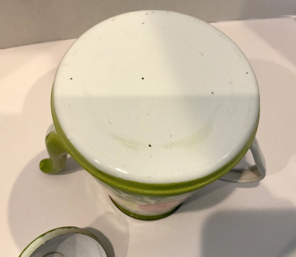 Vintage 1960s  Enamelware Coffee Teapot Painted Fruit Gooseberry & Peaches 8”