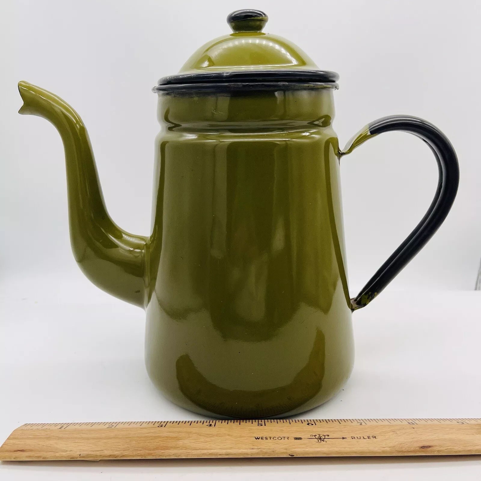 OTTO Japan Enamel Black Trim Tea Kettle Coffee Pot Decanter Green w/Lid & 2 Mugs