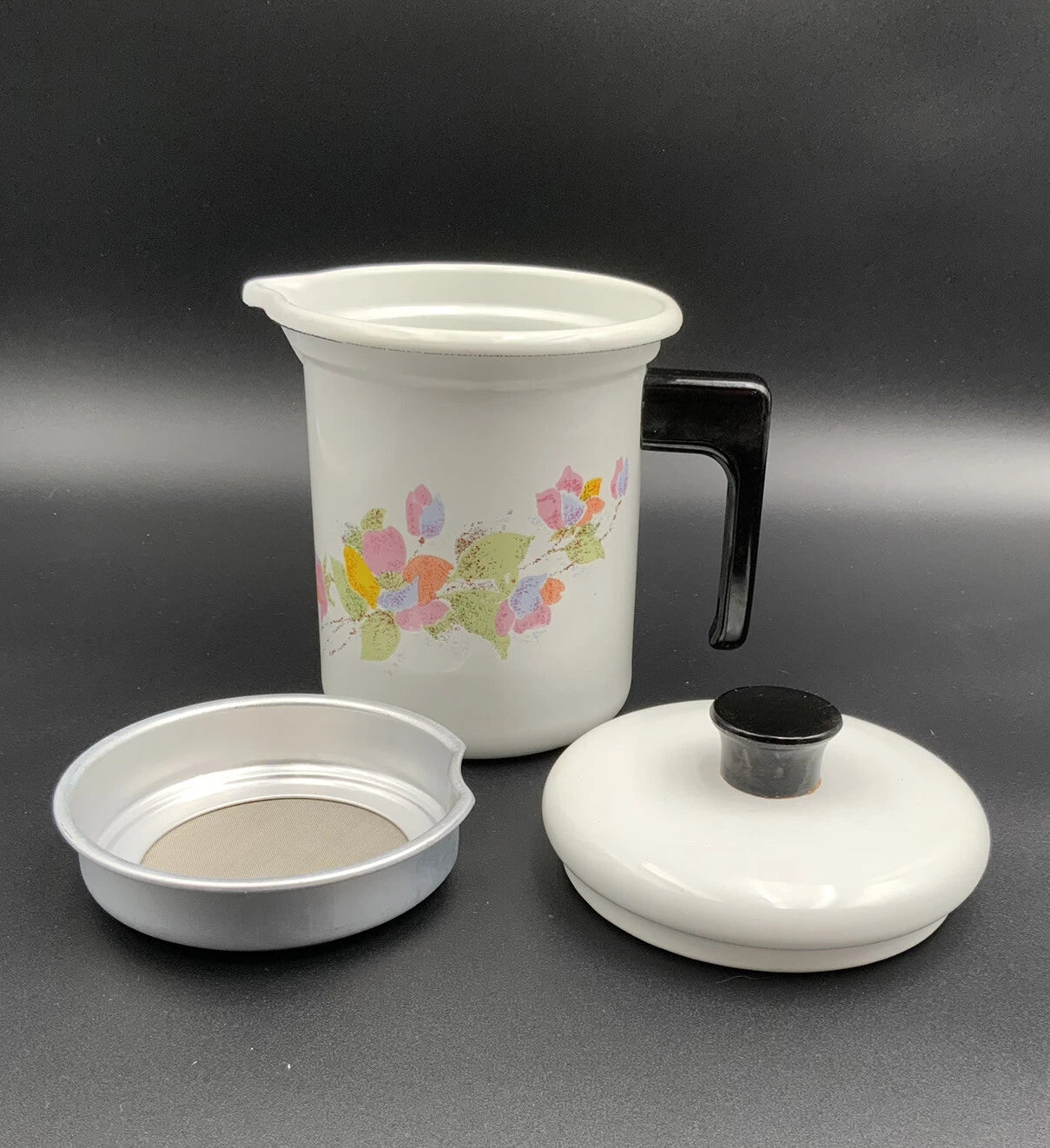 Mid Century Modern Enamelware Floral 3 PC  Tea / Coffee Pot