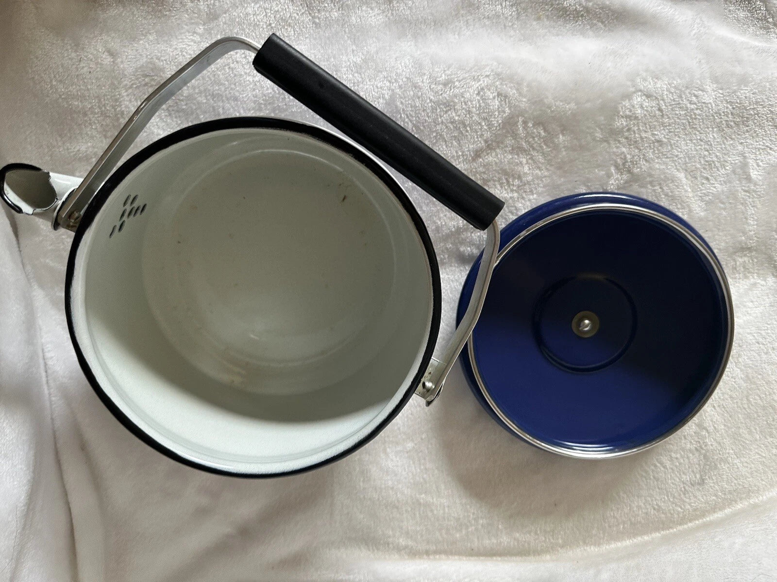 Vintage Enamel Tea Kettle White With Blue Scene