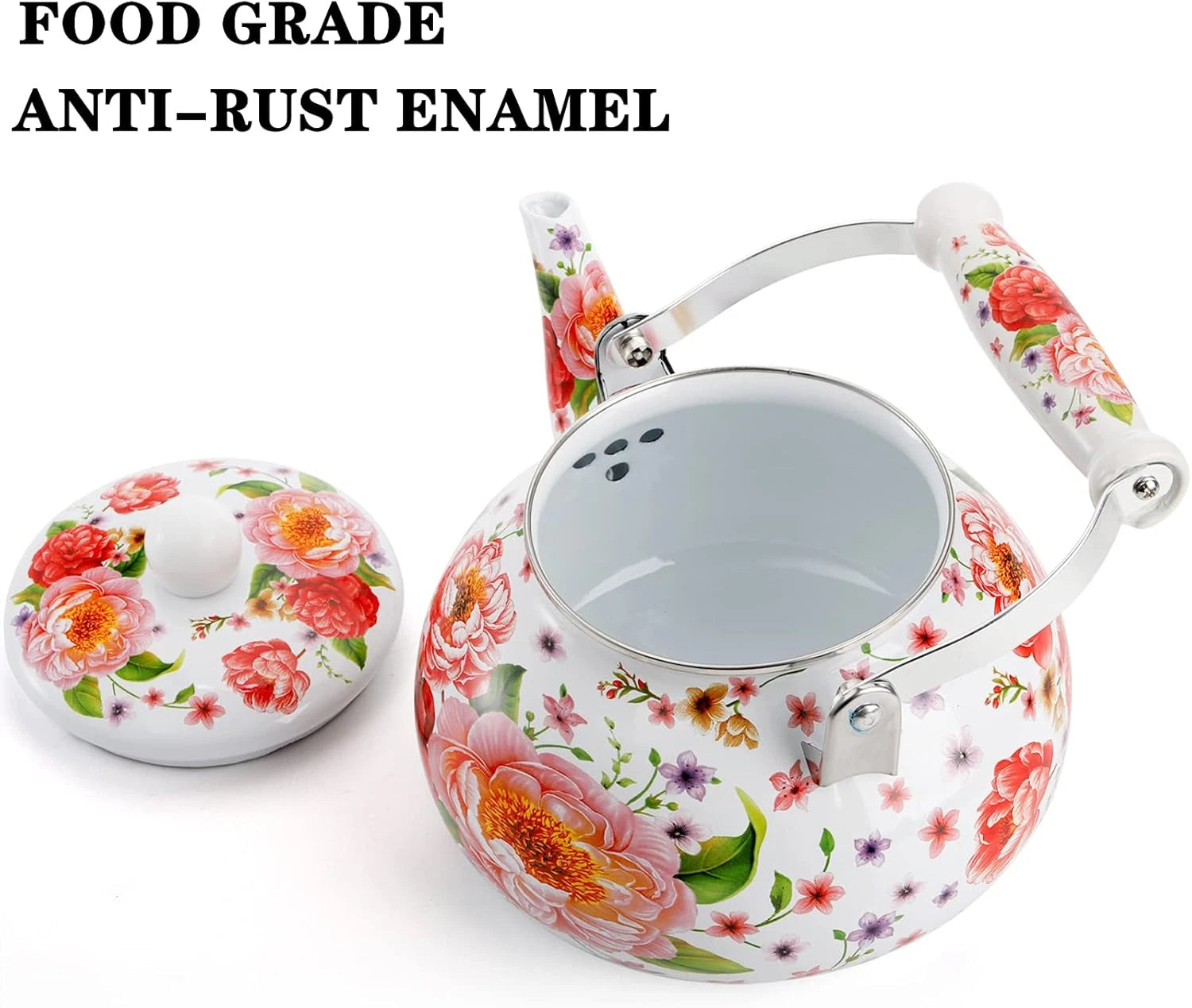 2.6 Quart Enamel Tea Kettle, 2.5L Porcelain Tea Pot with Handle for Hot Water, N