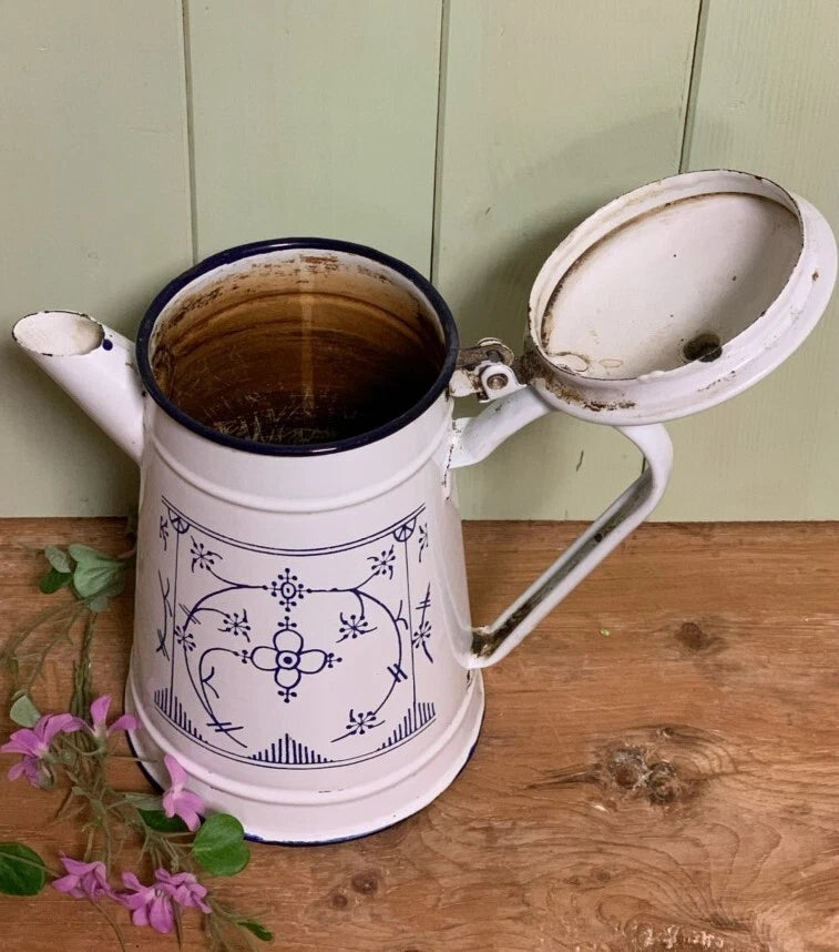 UK ANTIQUE Enamel Saxony Teapot Blue White Design Vintage Kitchenware