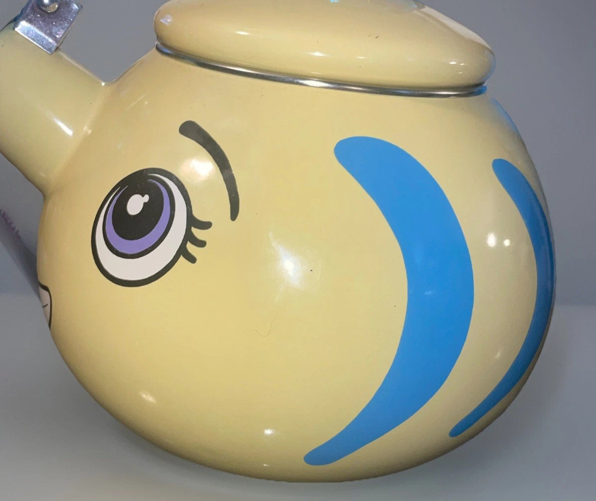 MM Kamenstein Corp. Whistling Tea Kettle Yellow Fish Teapot Enamel Kitschy READ