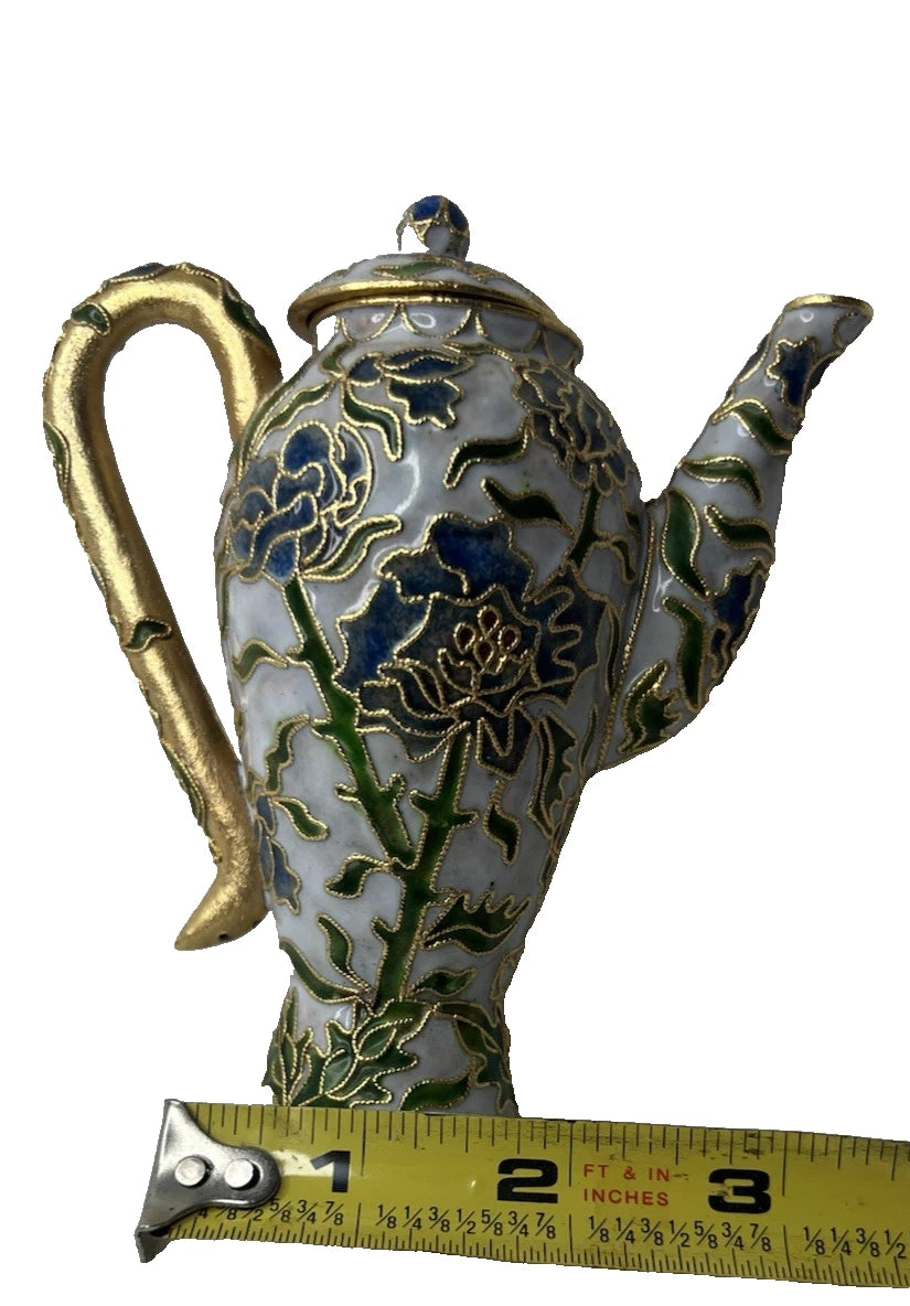 Vtg Cloisonne teapot w/lid blue tone floral design enamel inside 5"