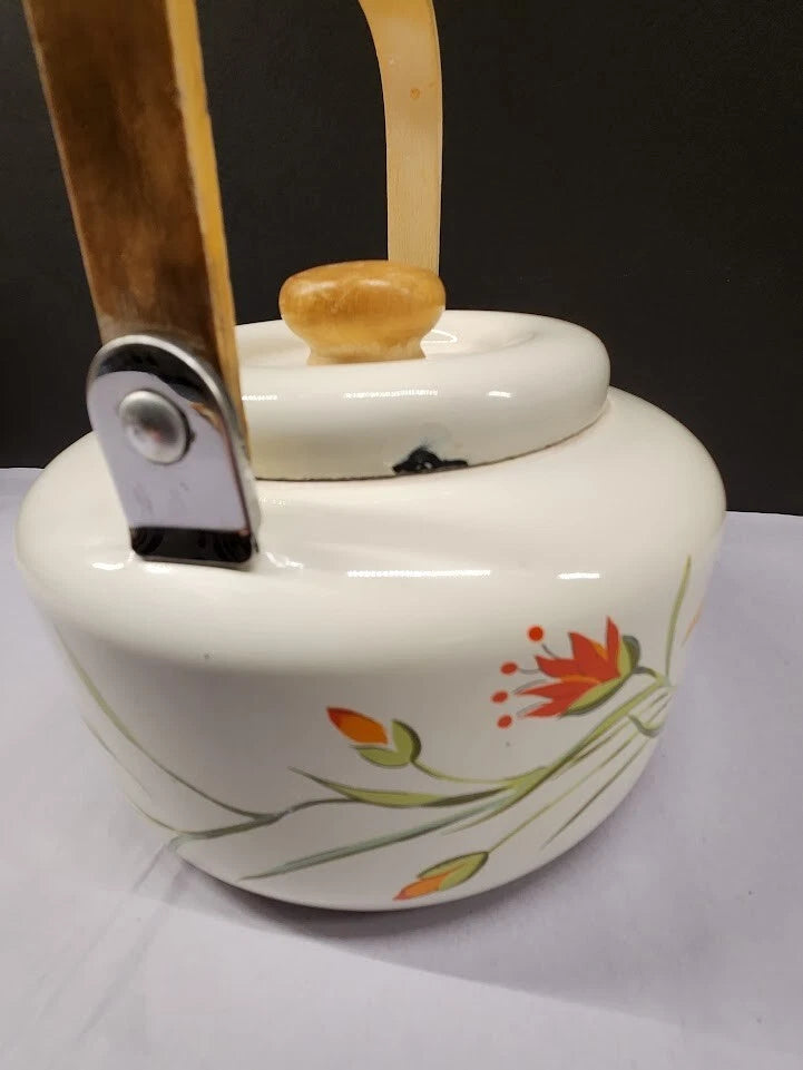 Vintage Saltera Himark Enamel RARE Teapot MCM  Red Orange Floral Wooden Handle
