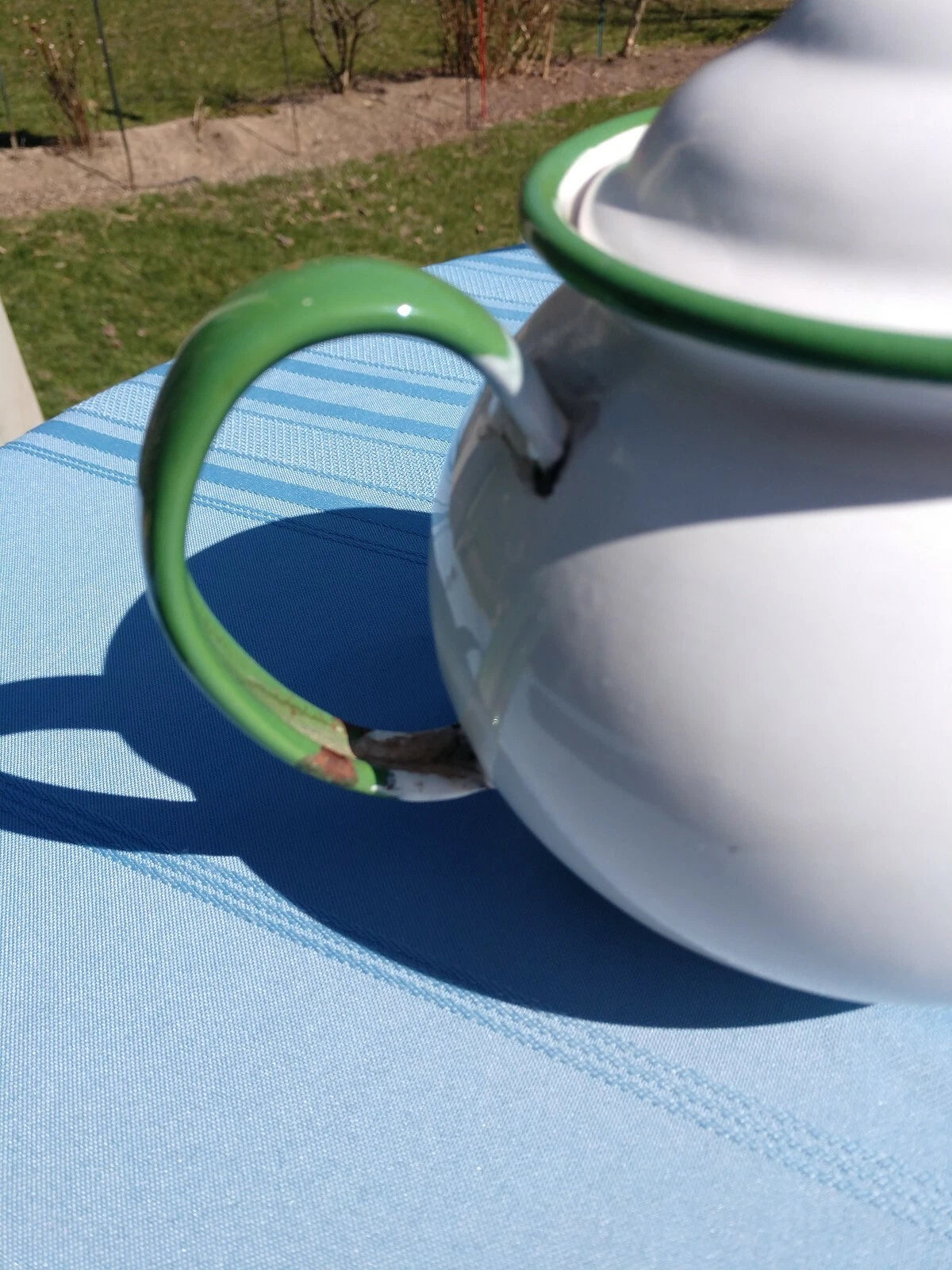 Retro Enamel Teapot With Green Trim