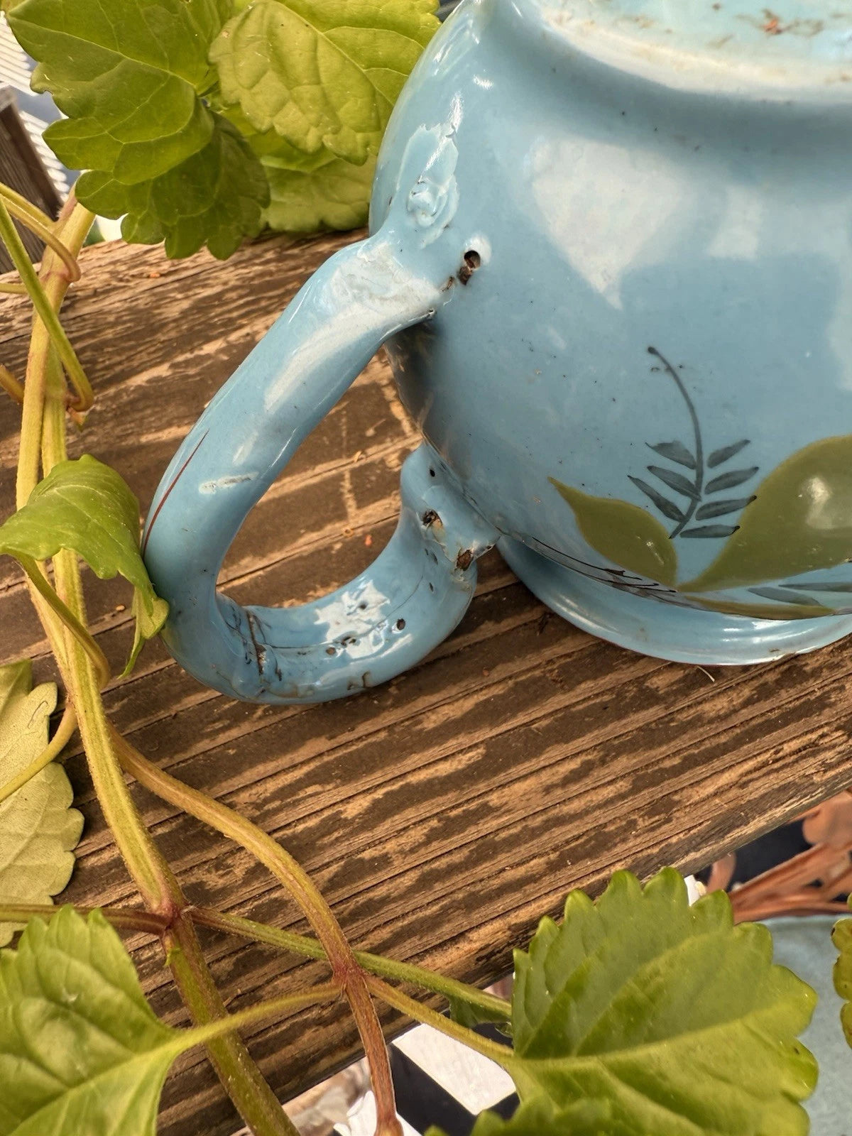 French Vintage Enamelware Tea Pot/Raised Enamelware Floral Painting/Miniature